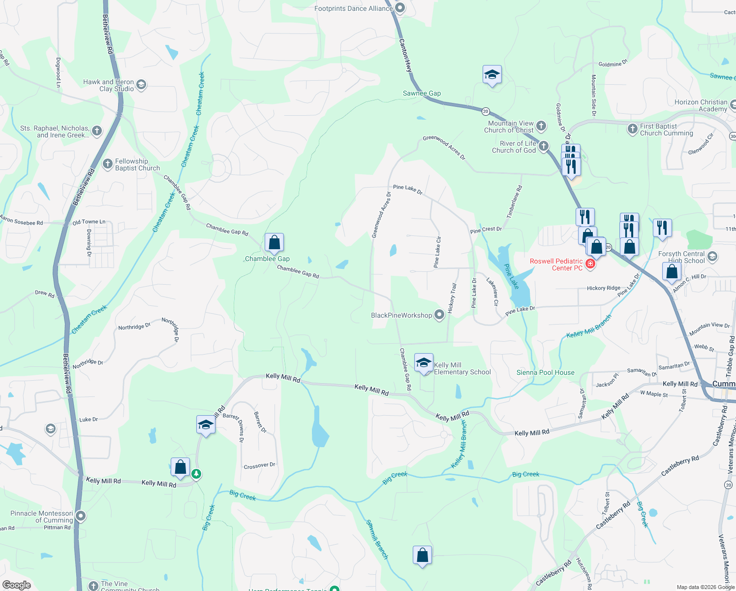 map of restaurants, bars, coffee shops, grocery stores, and more near 1515 Greystone Rd in Cumming