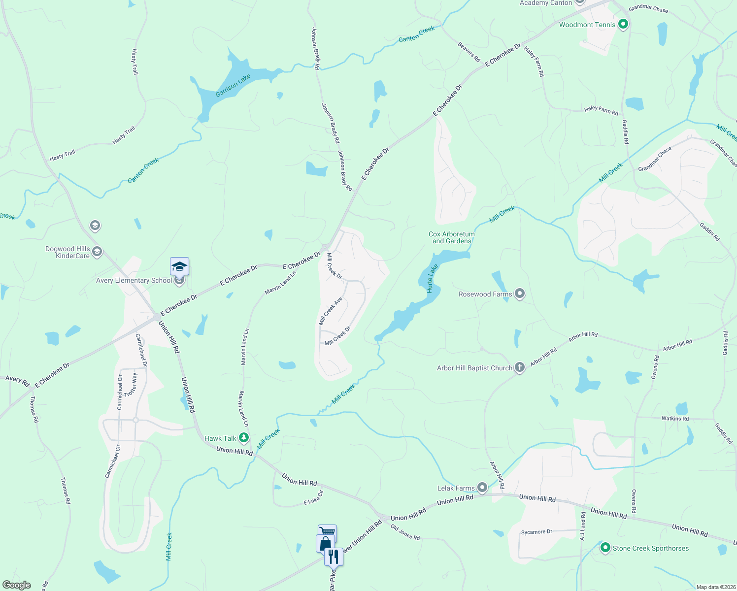 map of restaurants, bars, coffee shops, grocery stores, and more near 143 Mill Creek Drive in Canton