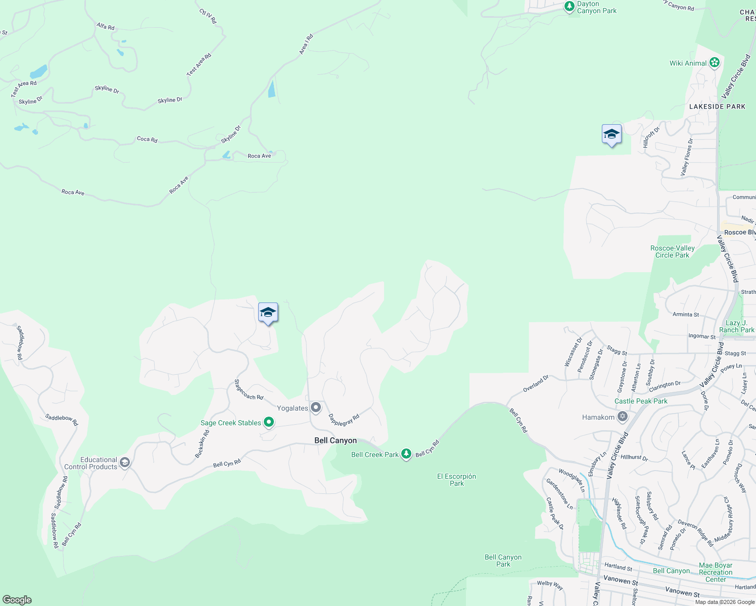 map of restaurants, bars, coffee shops, grocery stores, and more near 70 North Coolwater Road in Bell Canyon