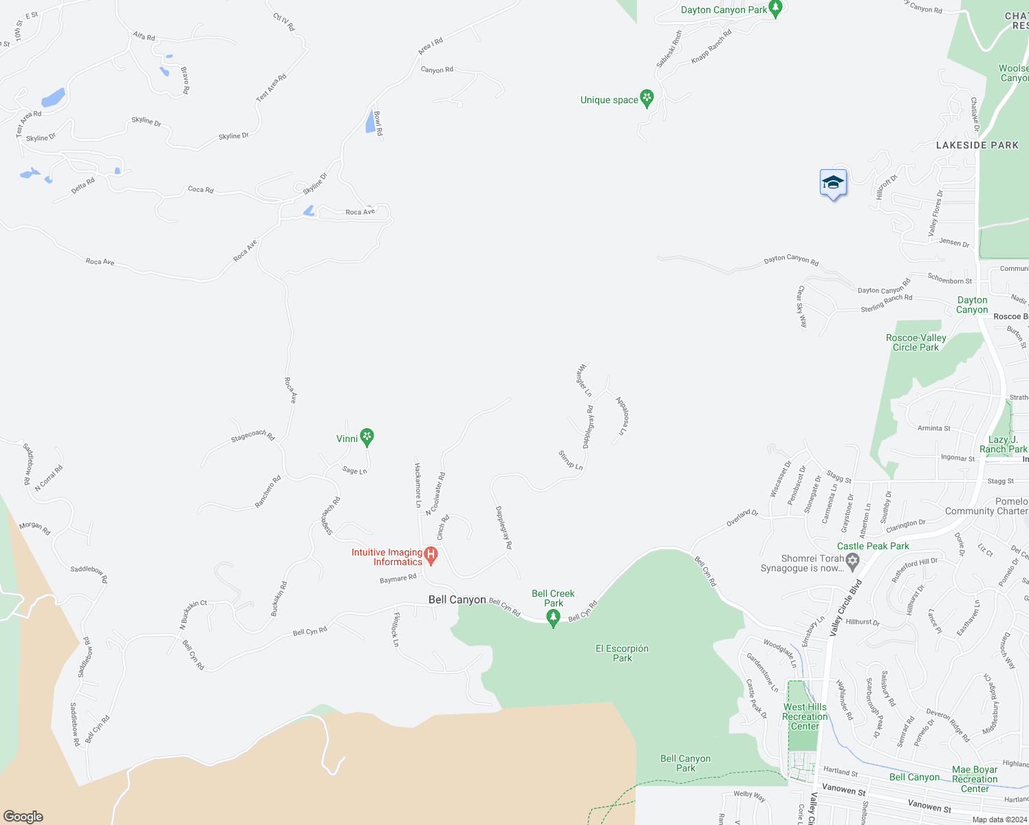 map of restaurants, bars, coffee shops, grocery stores, and more near 74 North Coolwater Road in Bell Canyon