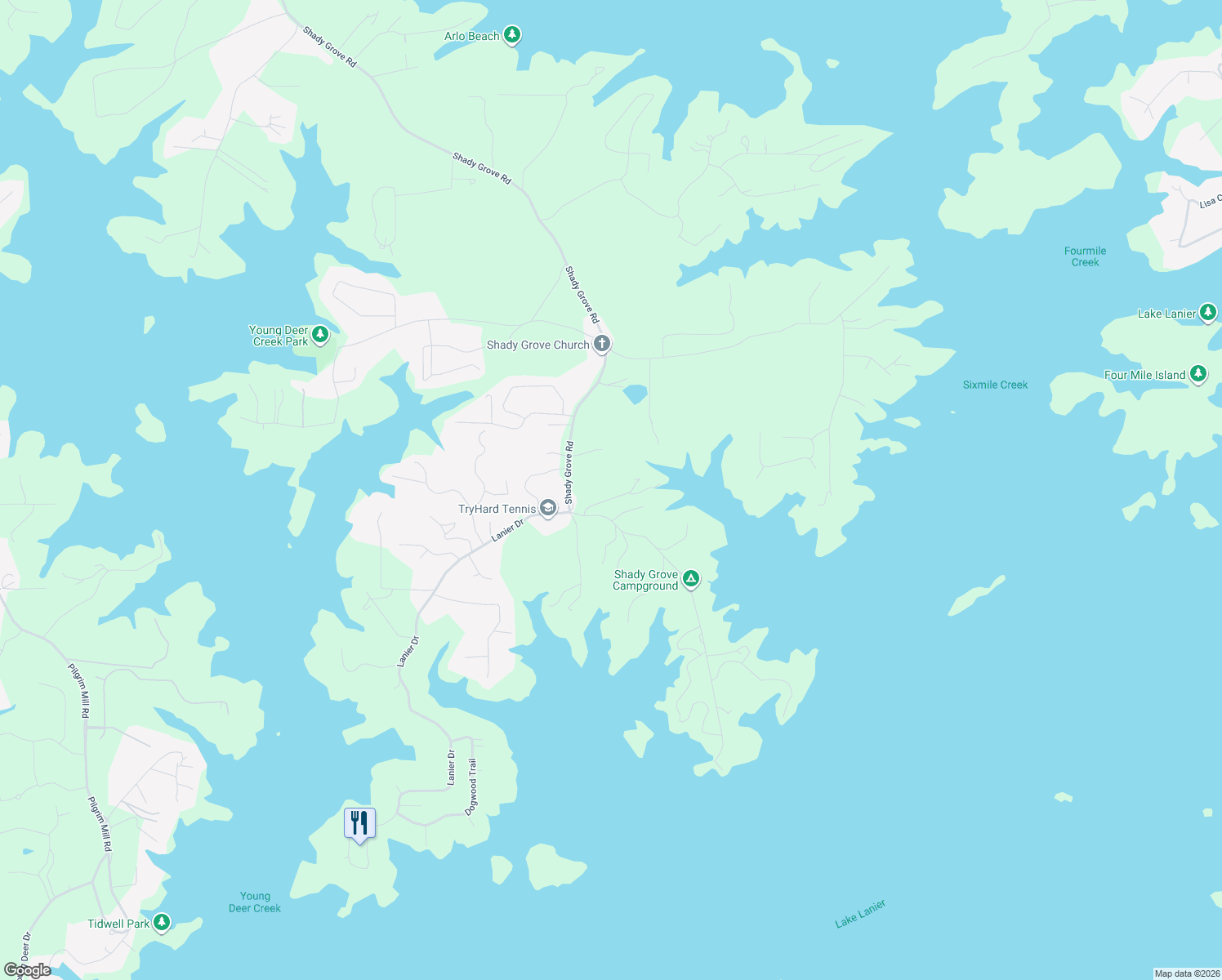 map of restaurants, bars, coffee shops, grocery stores, and more near 7425 Shadburn Ferry Road in Cumming