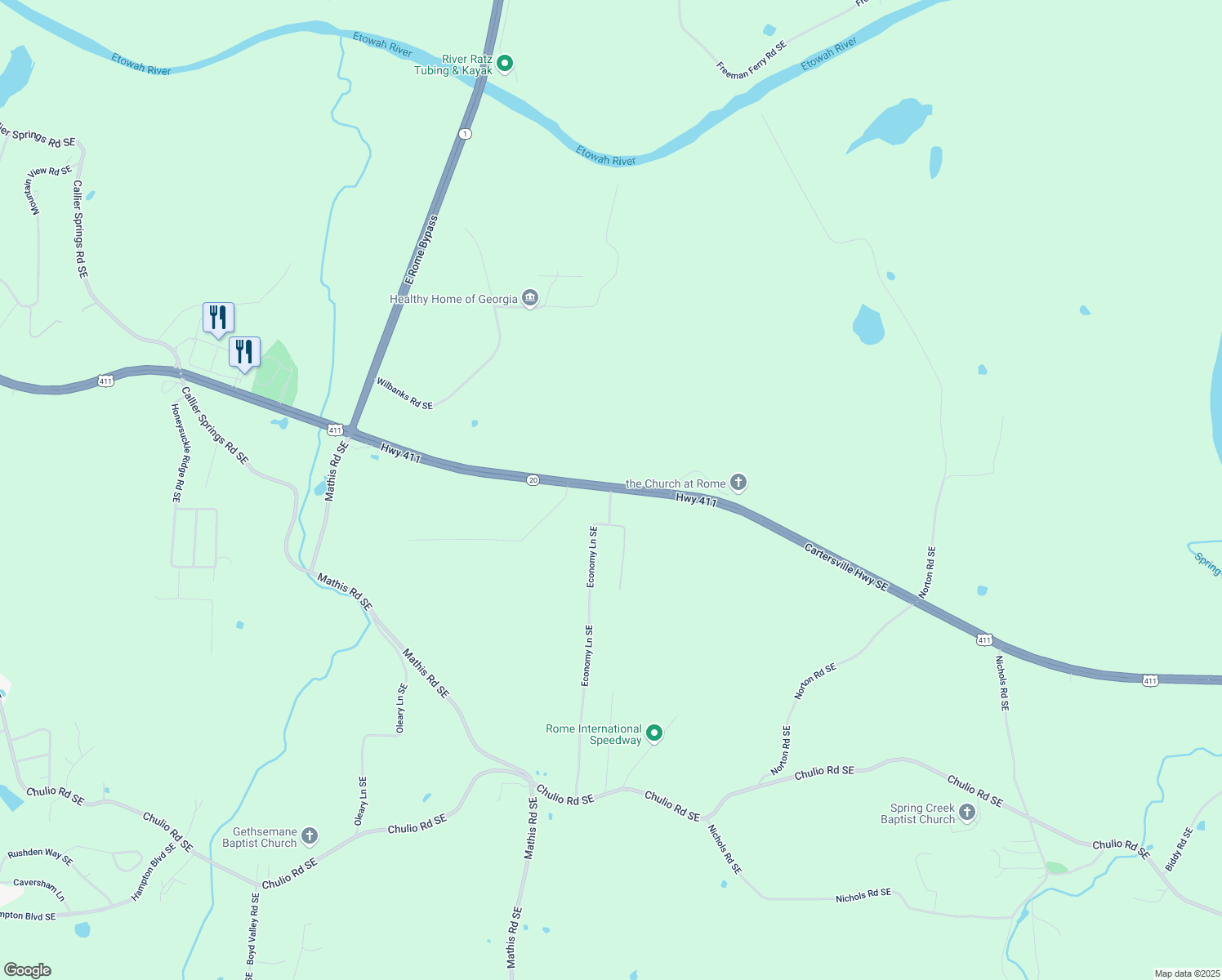 map of restaurants, bars, coffee shops, grocery stores, and more near 0 Hillindale Drive Southeast in Rome