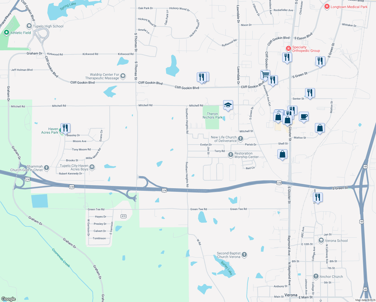 map of restaurants, bars, coffee shops, grocery stores, and more near 1198 Terry Road in Tupelo