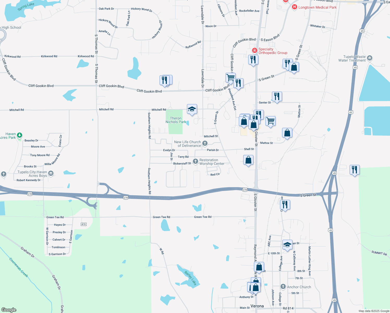 map of restaurants, bars, coffee shops, grocery stores, and more near 998 Terry Road in Tupelo