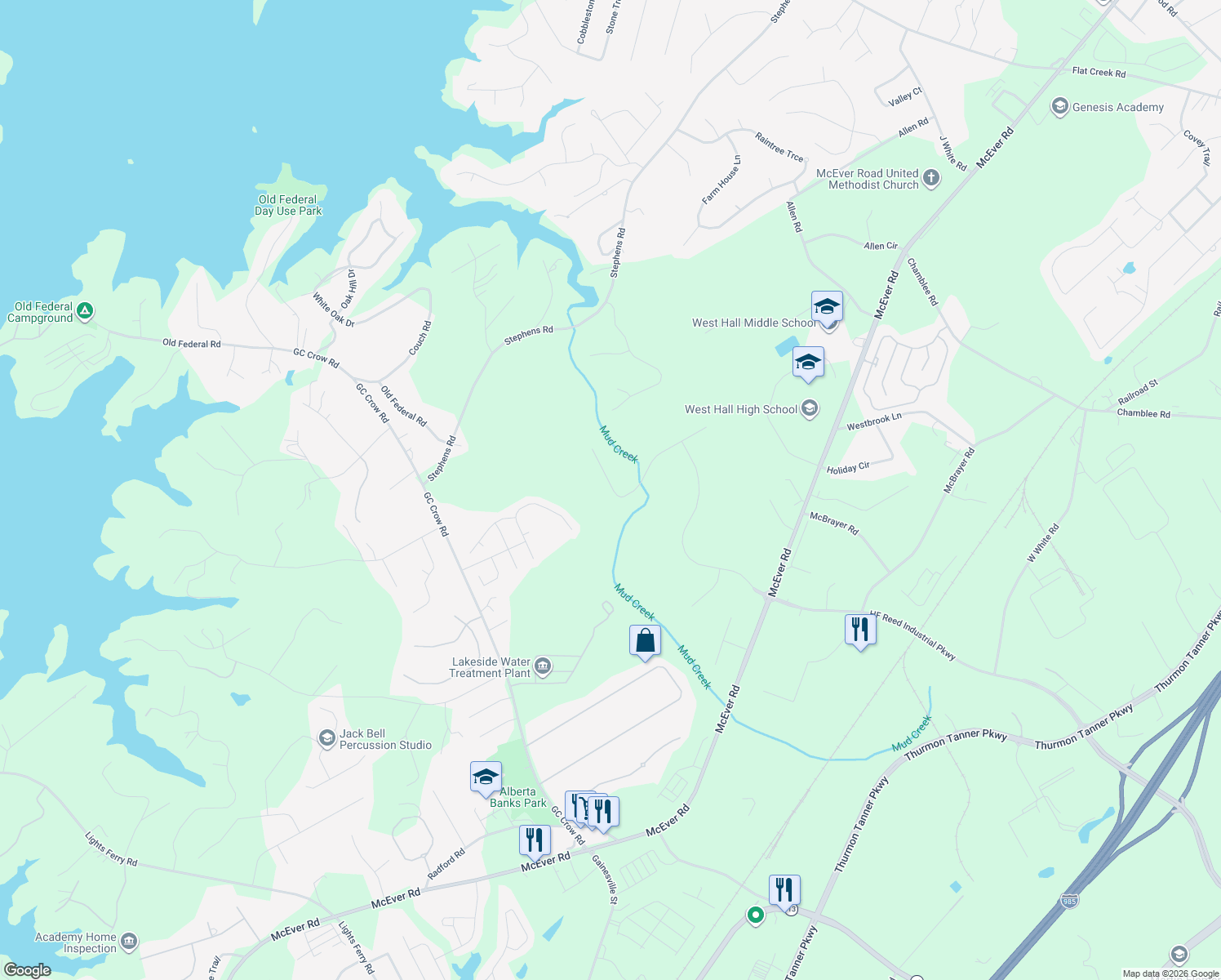 map of restaurants, bars, coffee shops, grocery stores, and more near 5511 Rafe Court in Flowery Branch