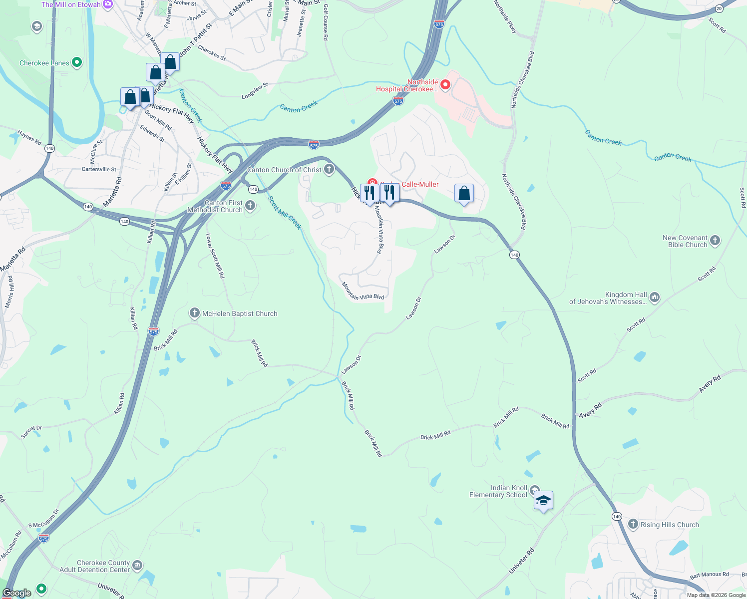 map of restaurants, bars, coffee shops, grocery stores, and more near 214 Mountain Vista Blvd in Canton