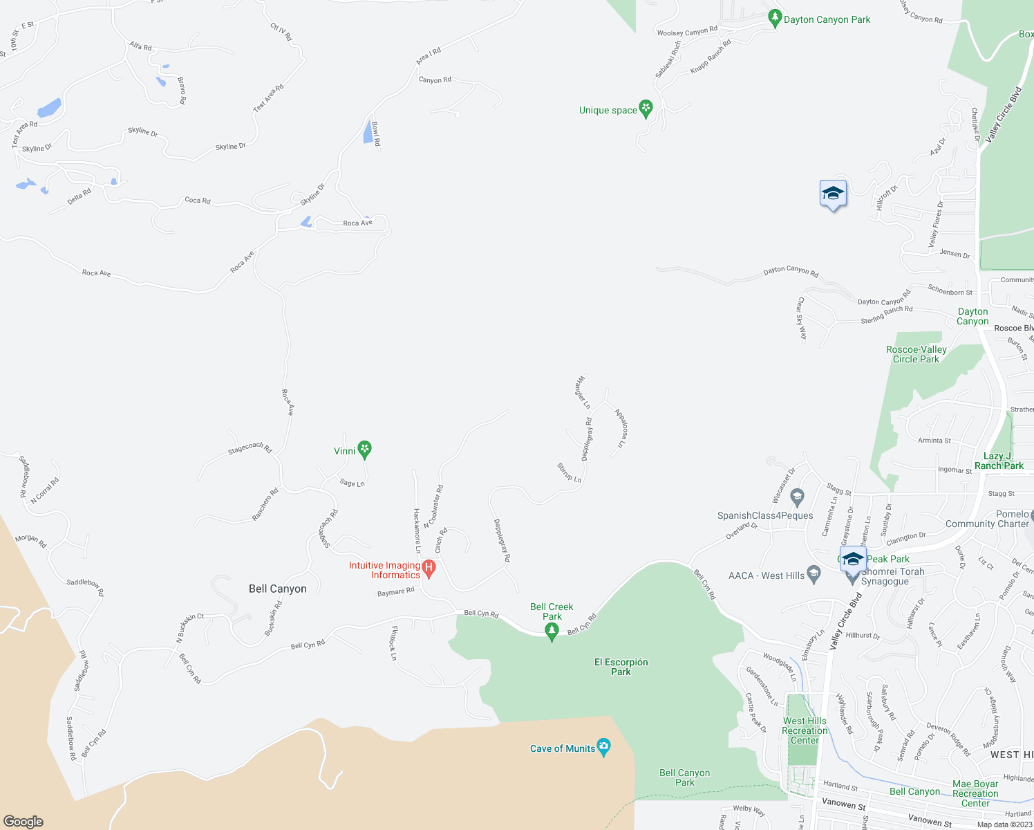 map of restaurants, bars, coffee shops, grocery stores, and more near 78 North Coolwater Road in Bell Canyon