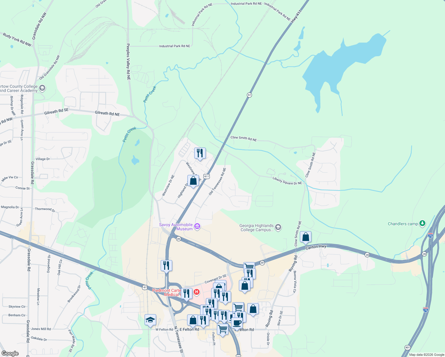 map of restaurants, bars, coffee shops, grocery stores, and more near 12 Freedom Drive Northeast in Cartersville