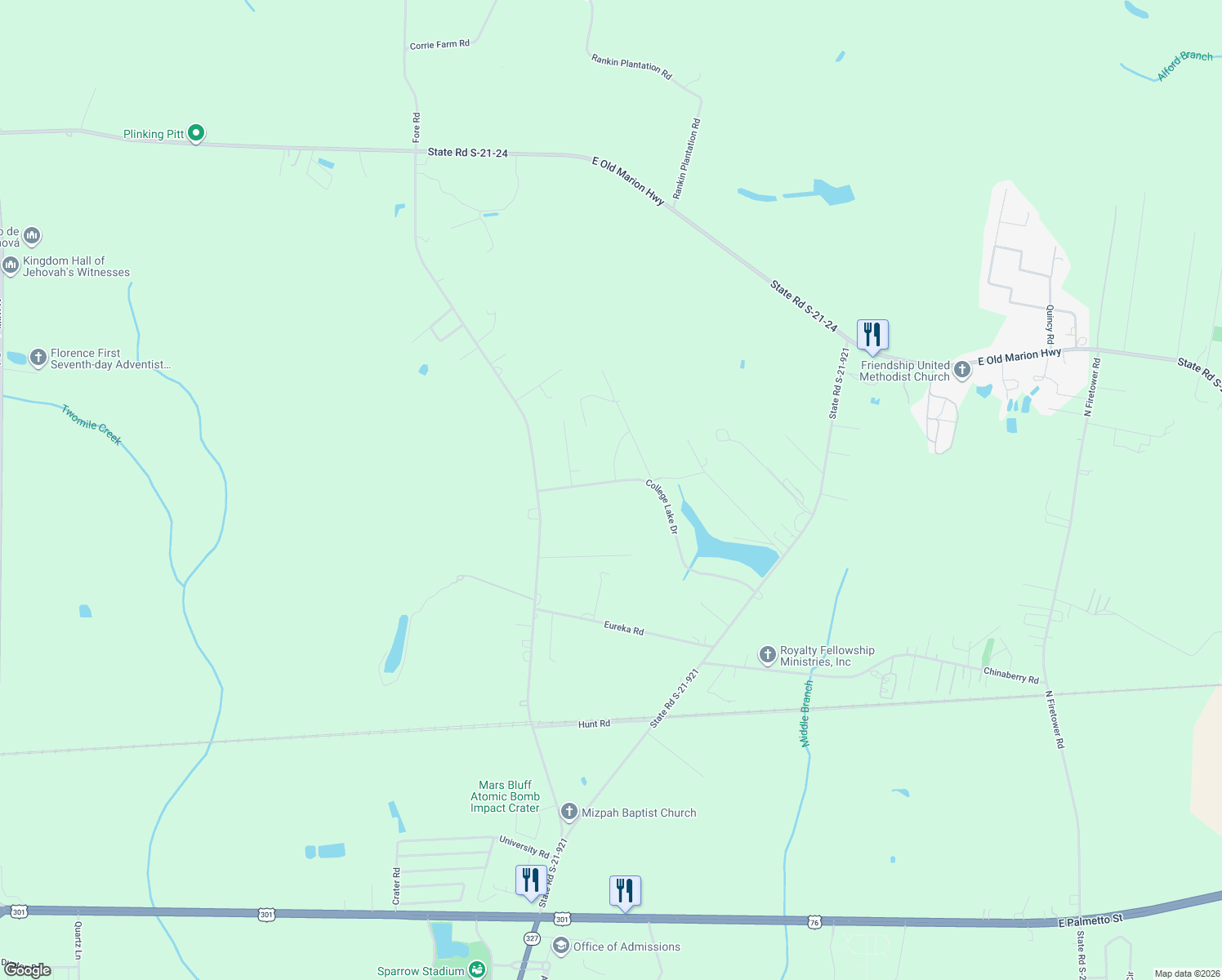 map of restaurants, bars, coffee shops, grocery stores, and more near 4914 College Lake Drive in Florence