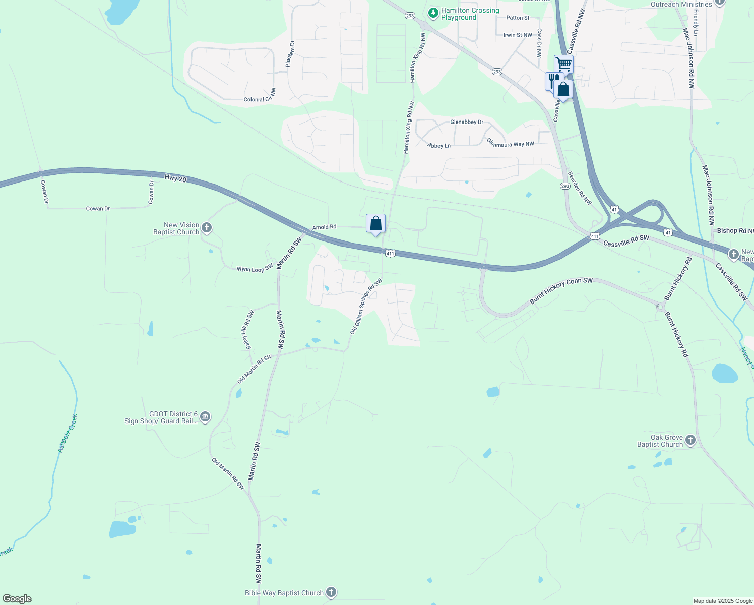 map of restaurants, bars, coffee shops, grocery stores, and more near 40 Gilliam Crossing in Cartersville