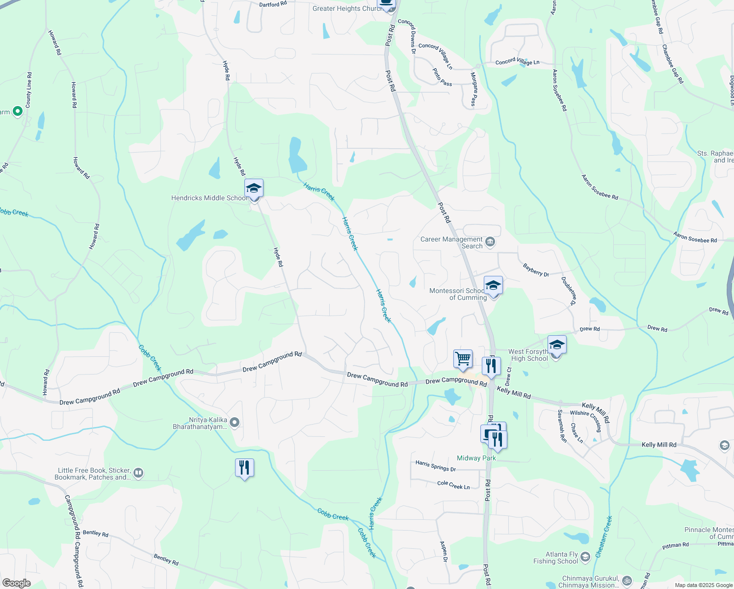 map of restaurants, bars, coffee shops, grocery stores, and more near 4120 Agard Street in Cumming