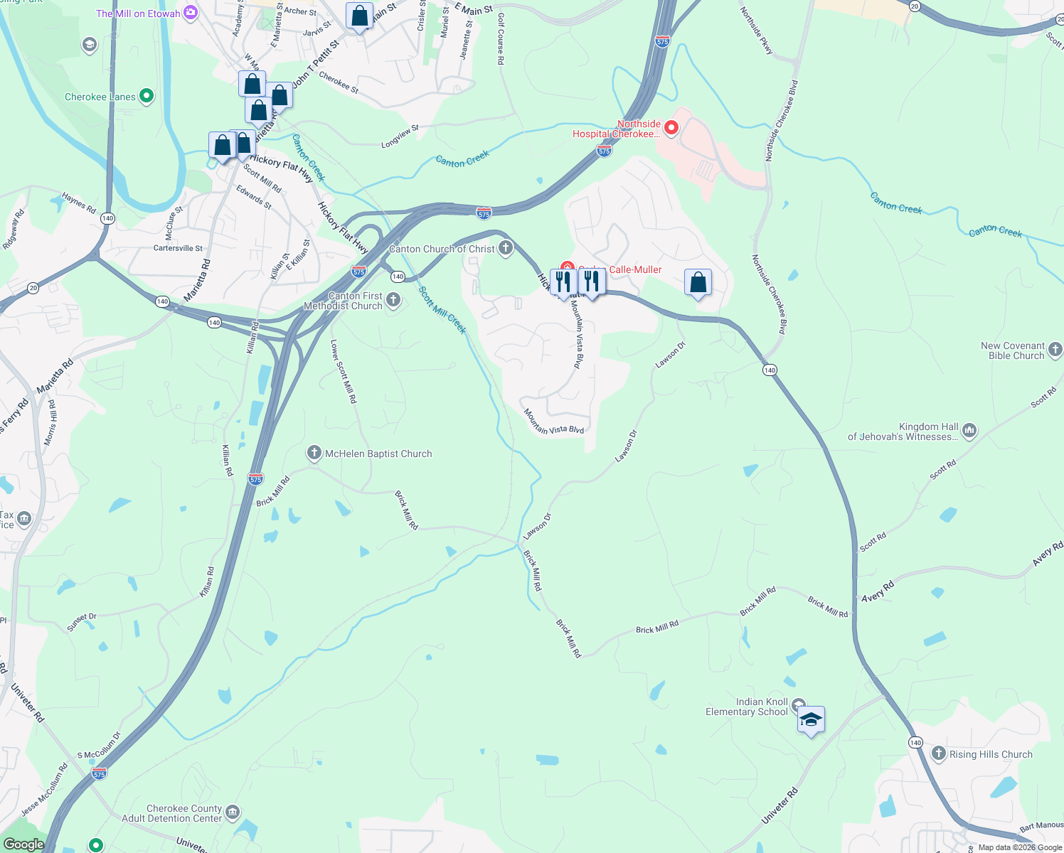 map of restaurants, bars, coffee shops, grocery stores, and more near 198 Mountain Vista Blvd in Canton