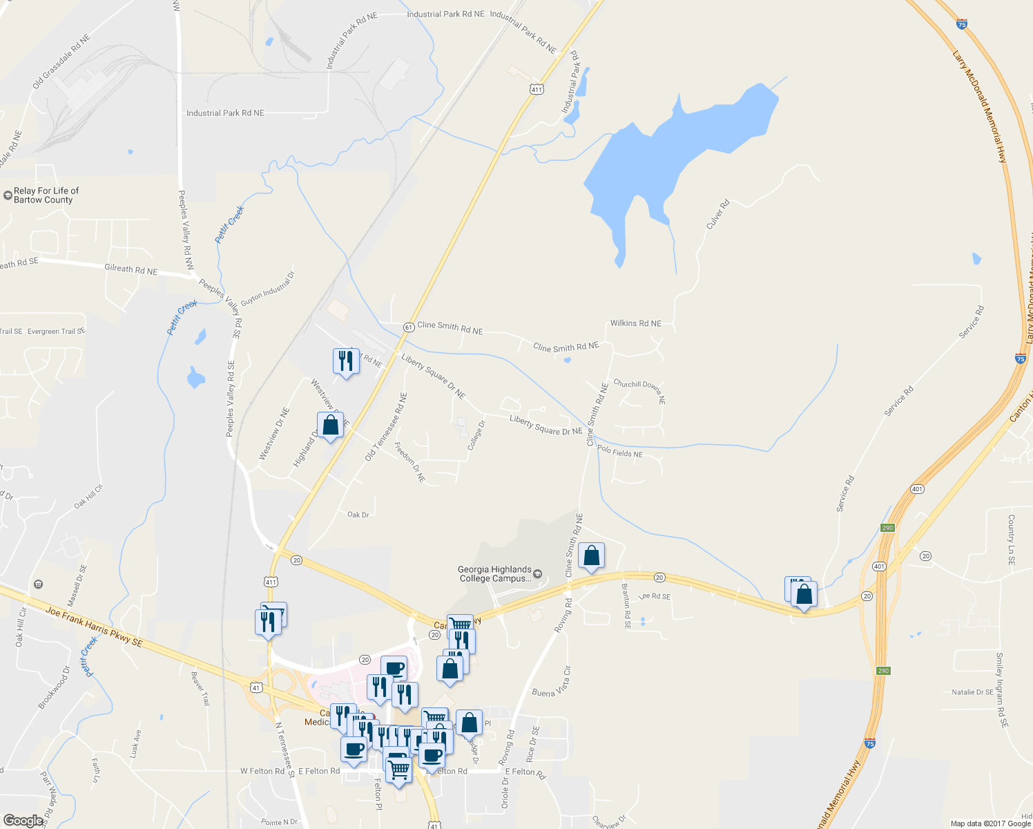 map of restaurants, bars, coffee shops, grocery stores, and more near 14 Eagle Glen Drive Northeast in Cartersville