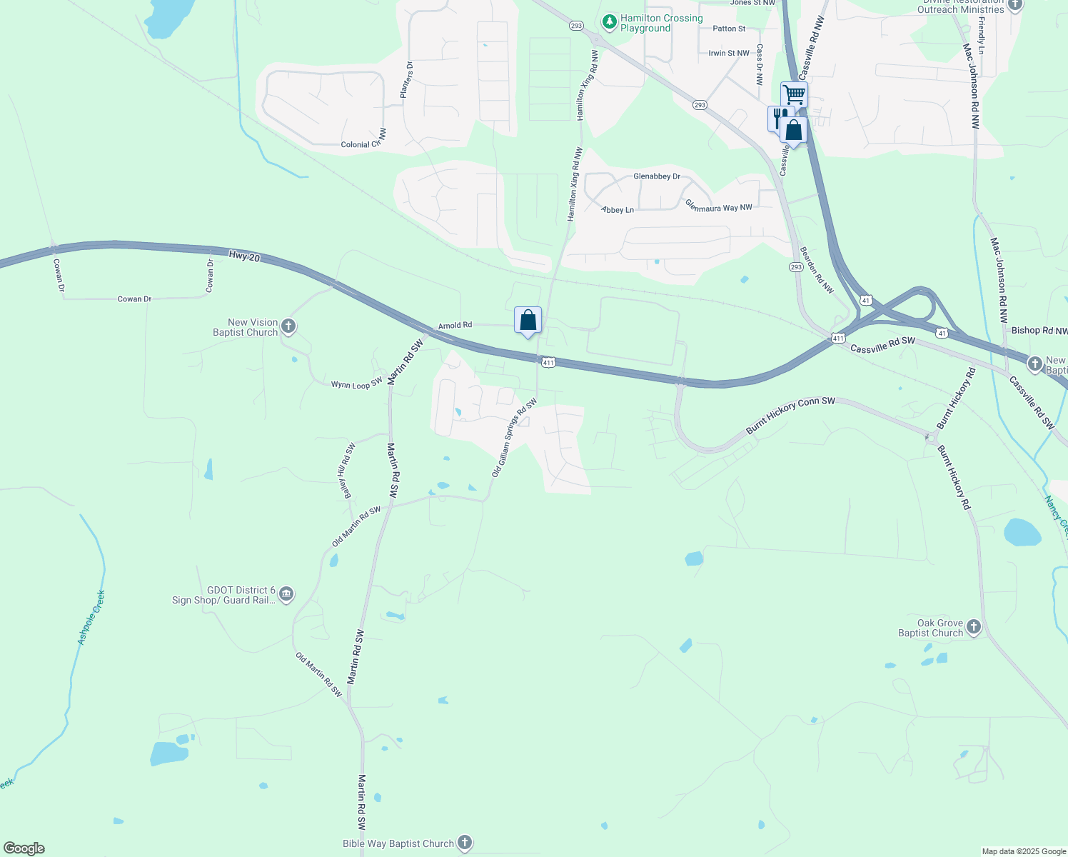 map of restaurants, bars, coffee shops, grocery stores, and more near 40 Gilliam Crossing in Cartersville