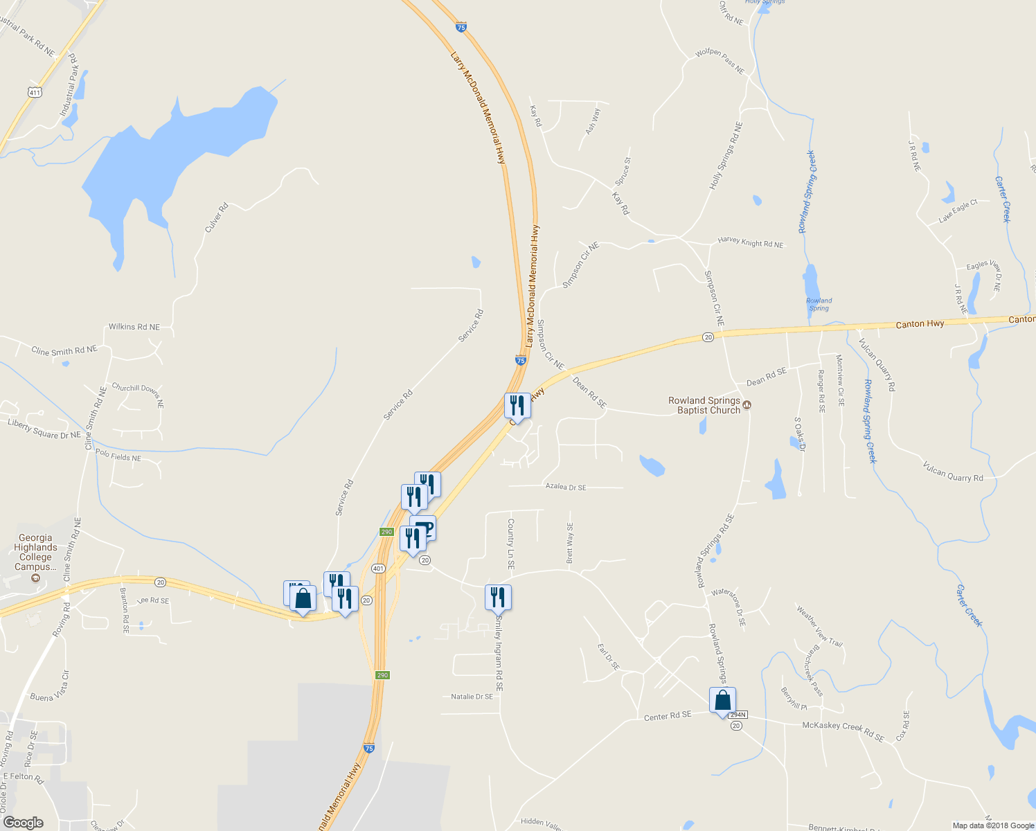 map of restaurants, bars, coffee shops, grocery stores, and more near Canton Highway in Cartersville