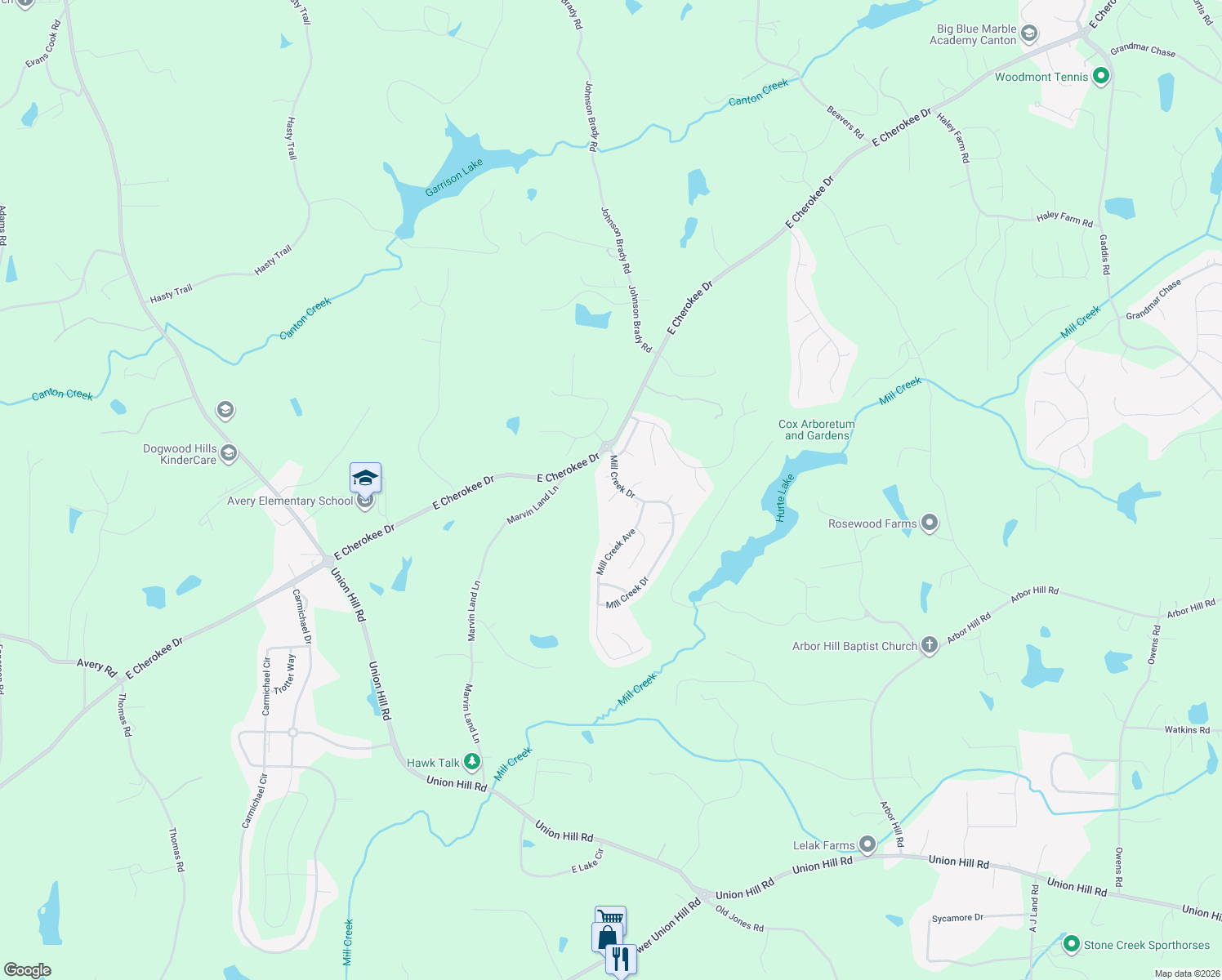 map of restaurants, bars, coffee shops, grocery stores, and more near 402 Avery Court in Canton