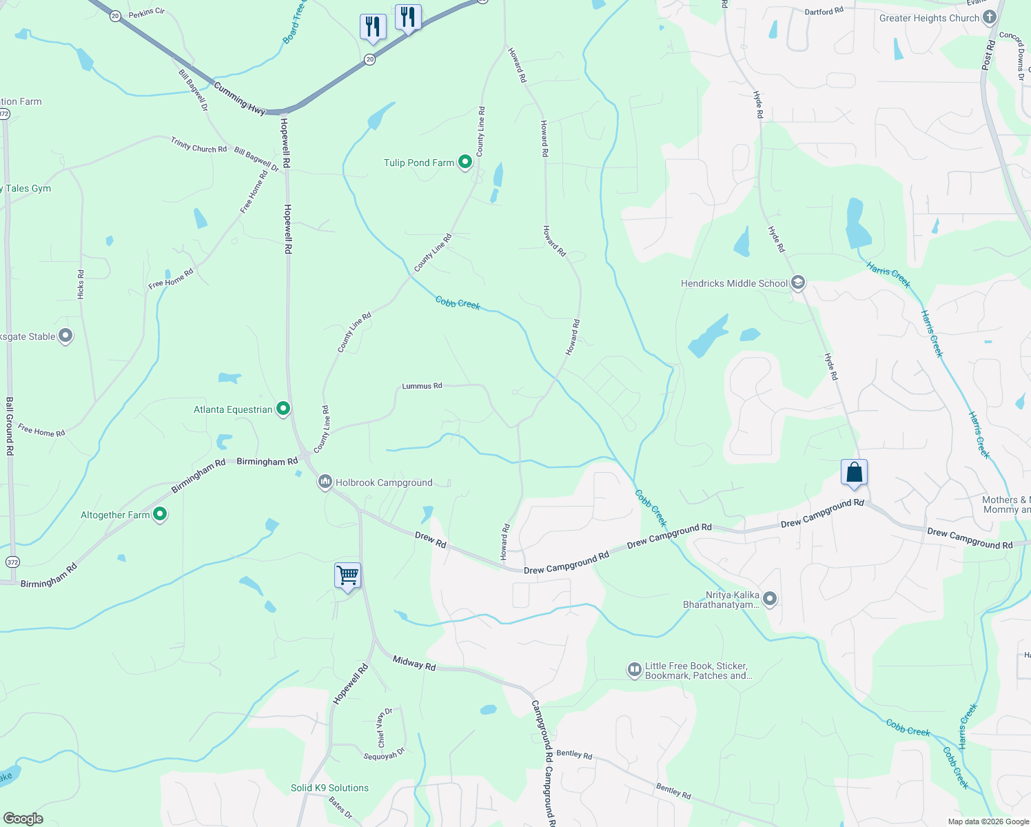 map of restaurants, bars, coffee shops, grocery stores, and more near 4905 Howard Road in Cumming