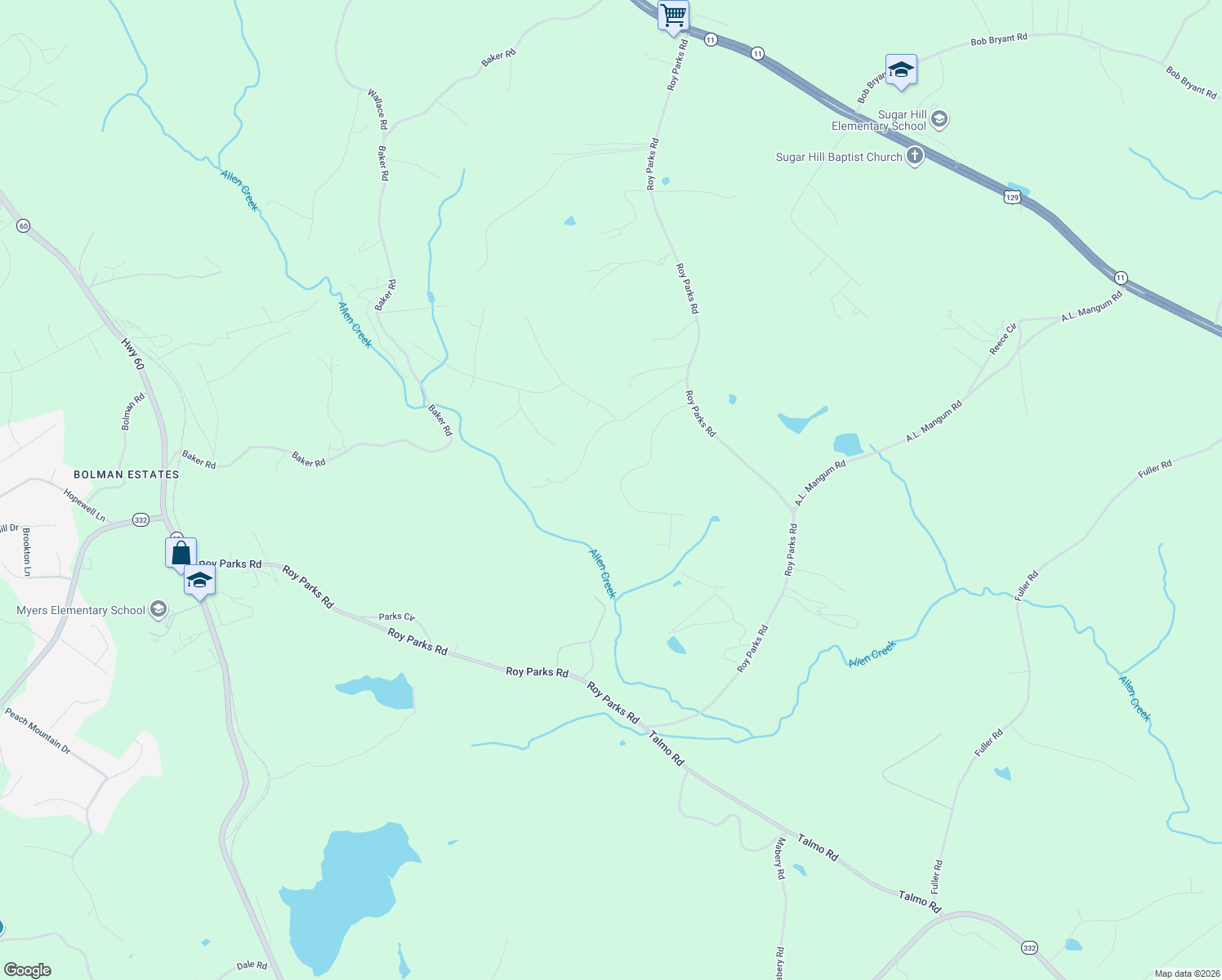 map of restaurants, bars, coffee shops, grocery stores, and more near 3570 Silver Creek Drive in Gainesville