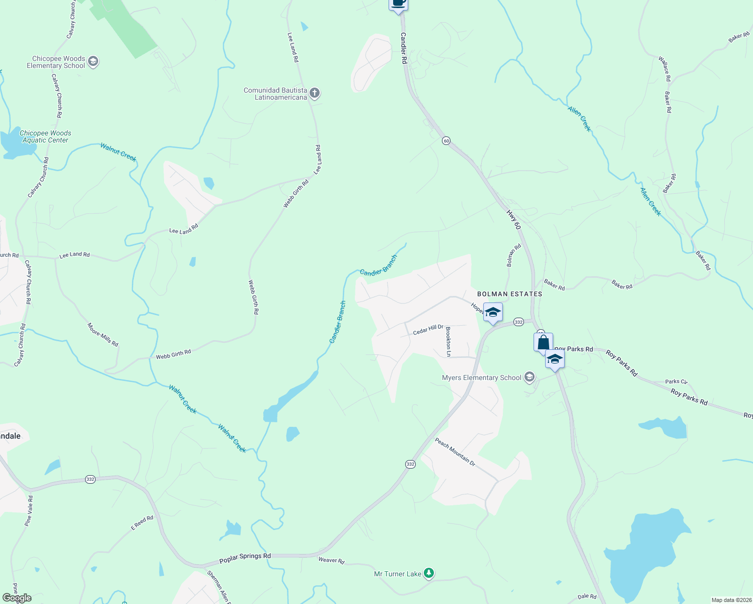 map of restaurants, bars, coffee shops, grocery stores, and more near 2775 Glendale Drive in Gainesville
