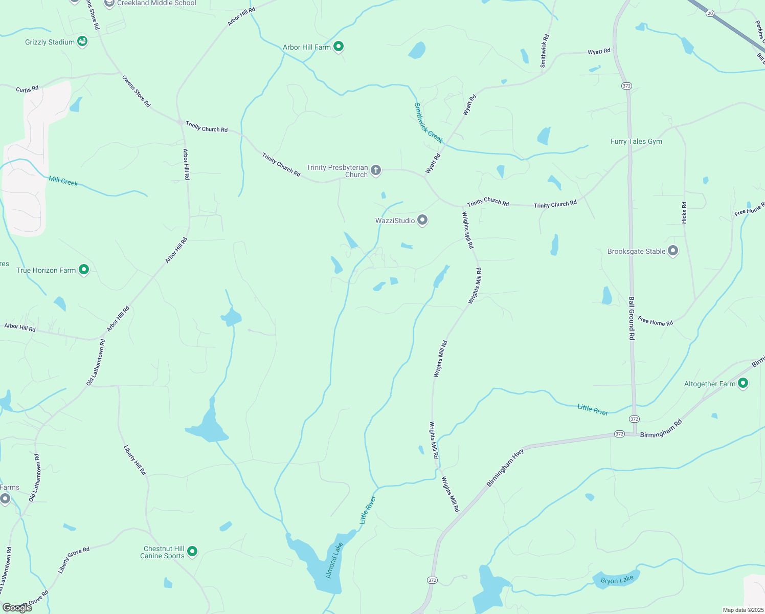 map of restaurants, bars, coffee shops, grocery stores, and more near 240 Wrights Mill Way in Canton