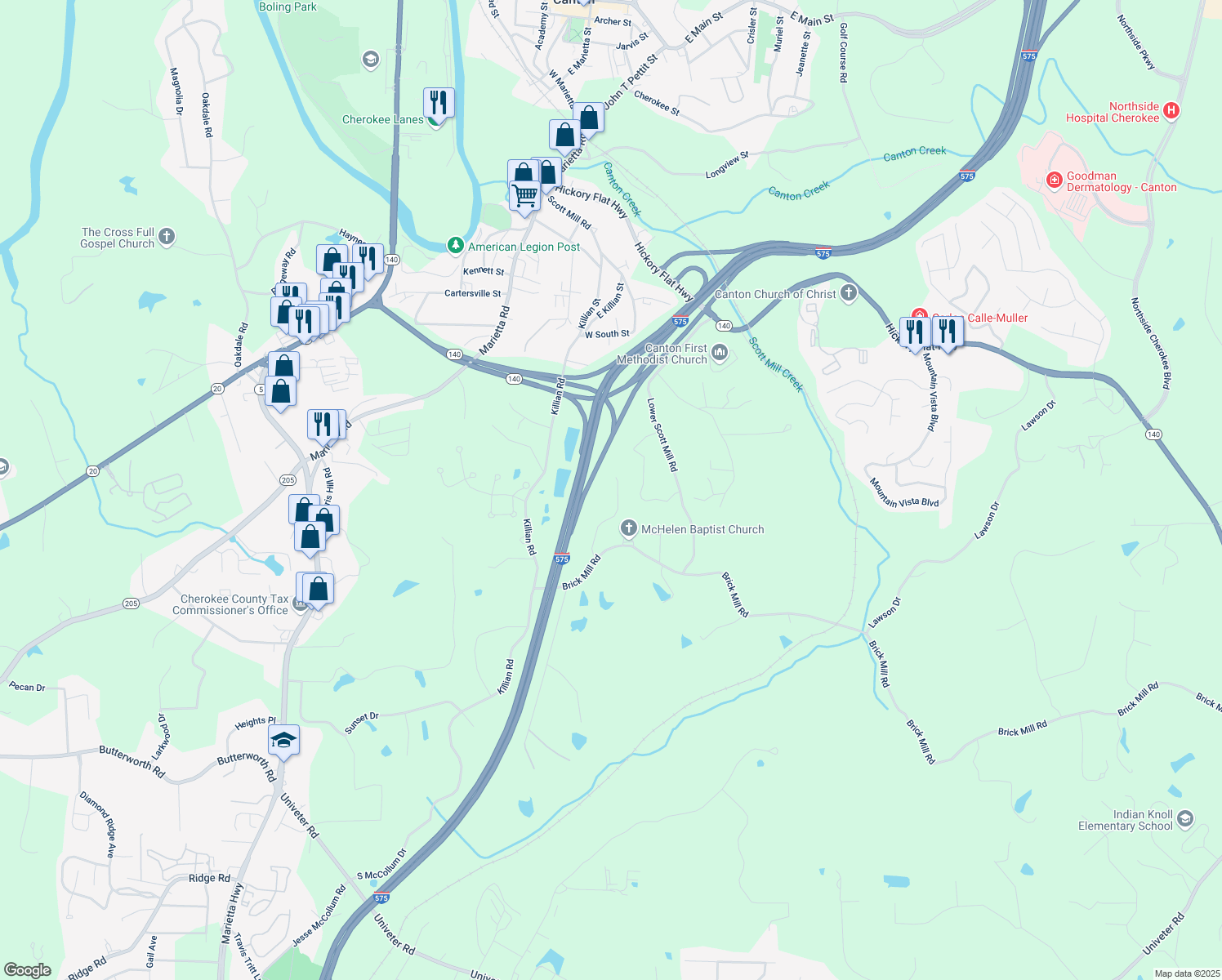 map of restaurants, bars, coffee shops, grocery stores, and more near 219 Brick Mill Drive in Canton