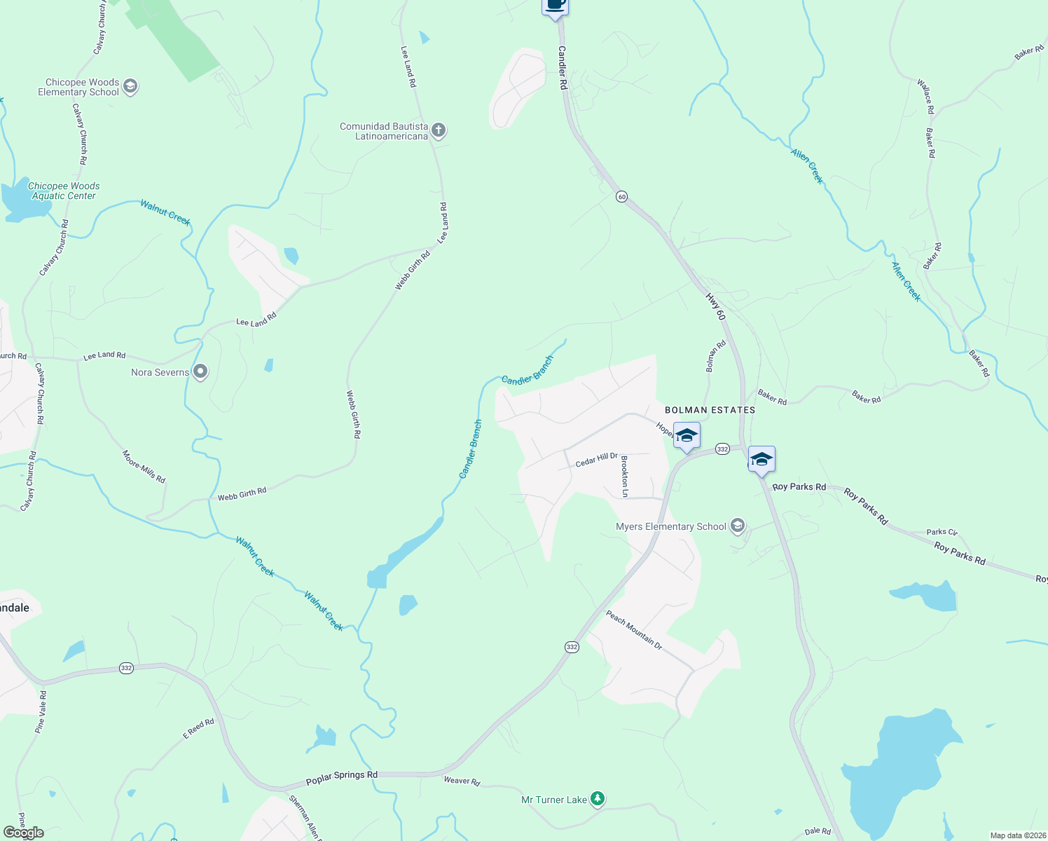 map of restaurants, bars, coffee shops, grocery stores, and more near 2775 Glendale Dr in Gainesville