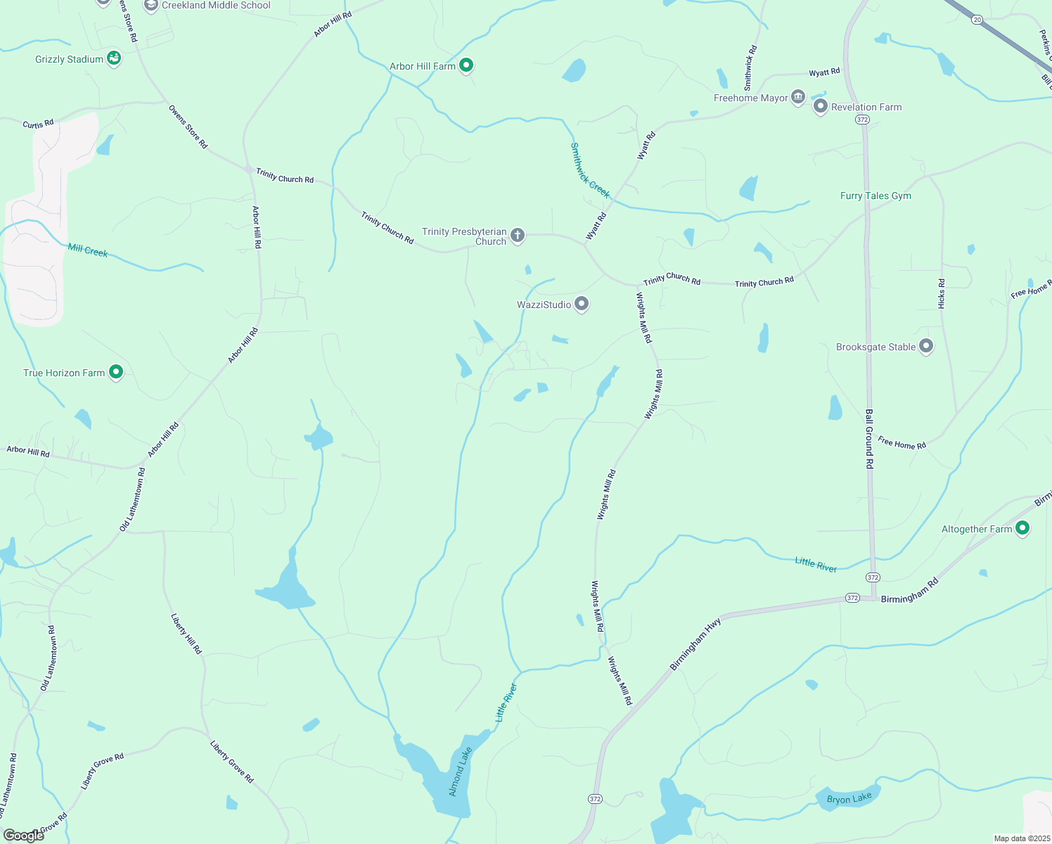 map of restaurants, bars, coffee shops, grocery stores, and more near 240 Wrights Mill Way in Canton
