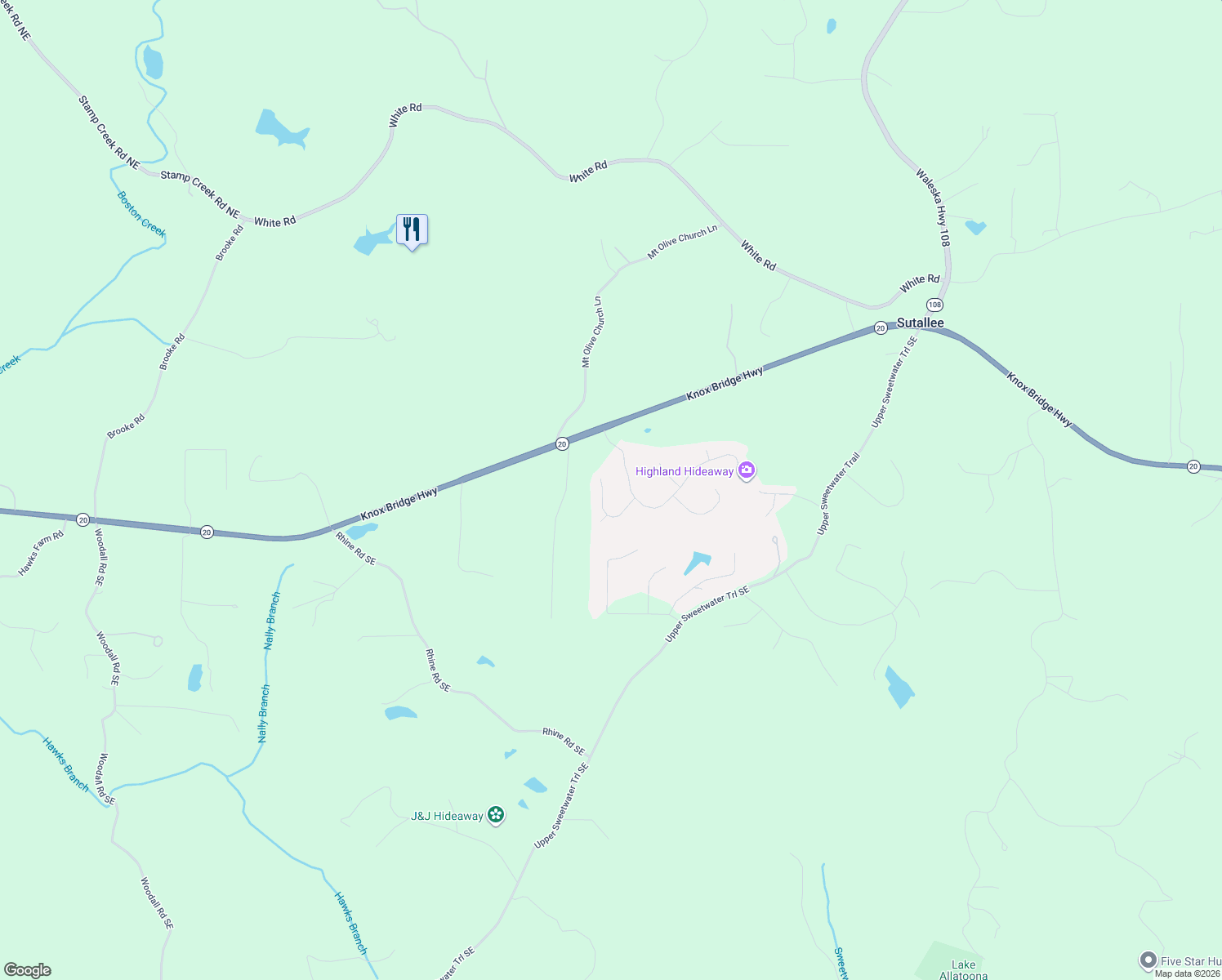 map of restaurants, bars, coffee shops, grocery stores, and more near 204 Oak Hollow Court in White