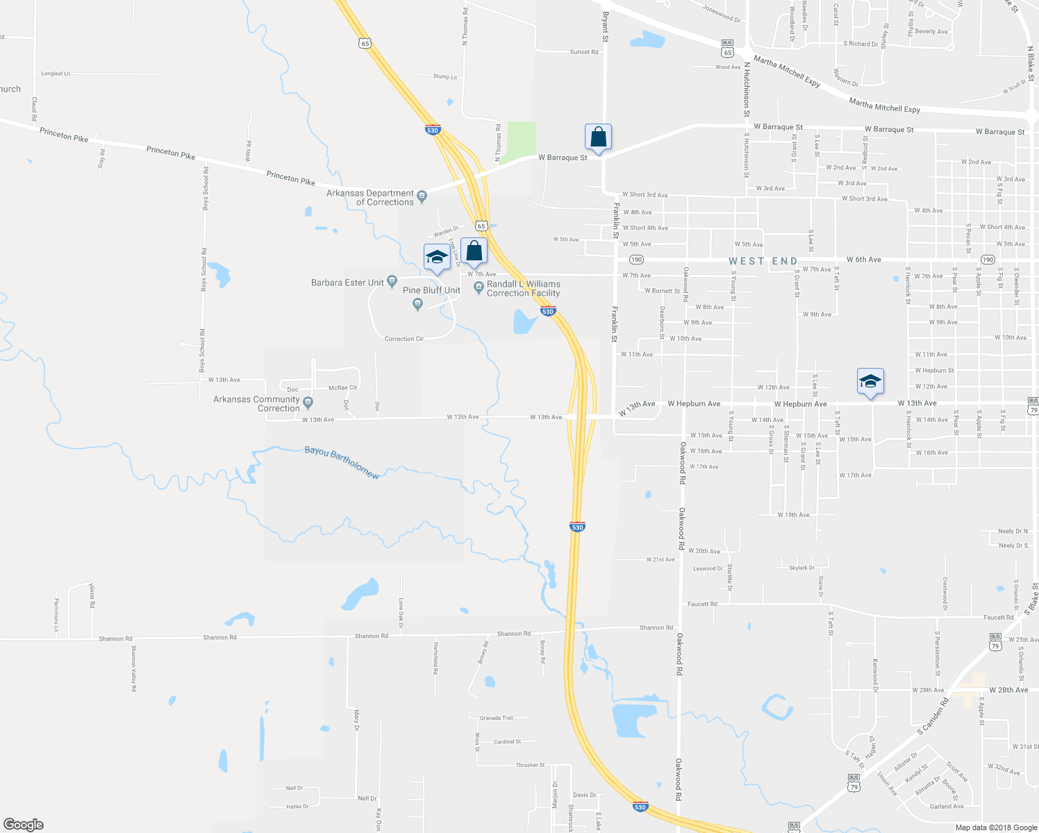 map of restaurants, bars, coffee shops, grocery stores, and more near 6303 West 13th Avenue in Pine Bluff