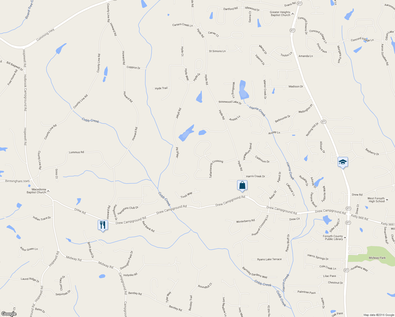 map of restaurants, bars, coffee shops, grocery stores, and more near 5630 Tallantworth Trail in Cumming