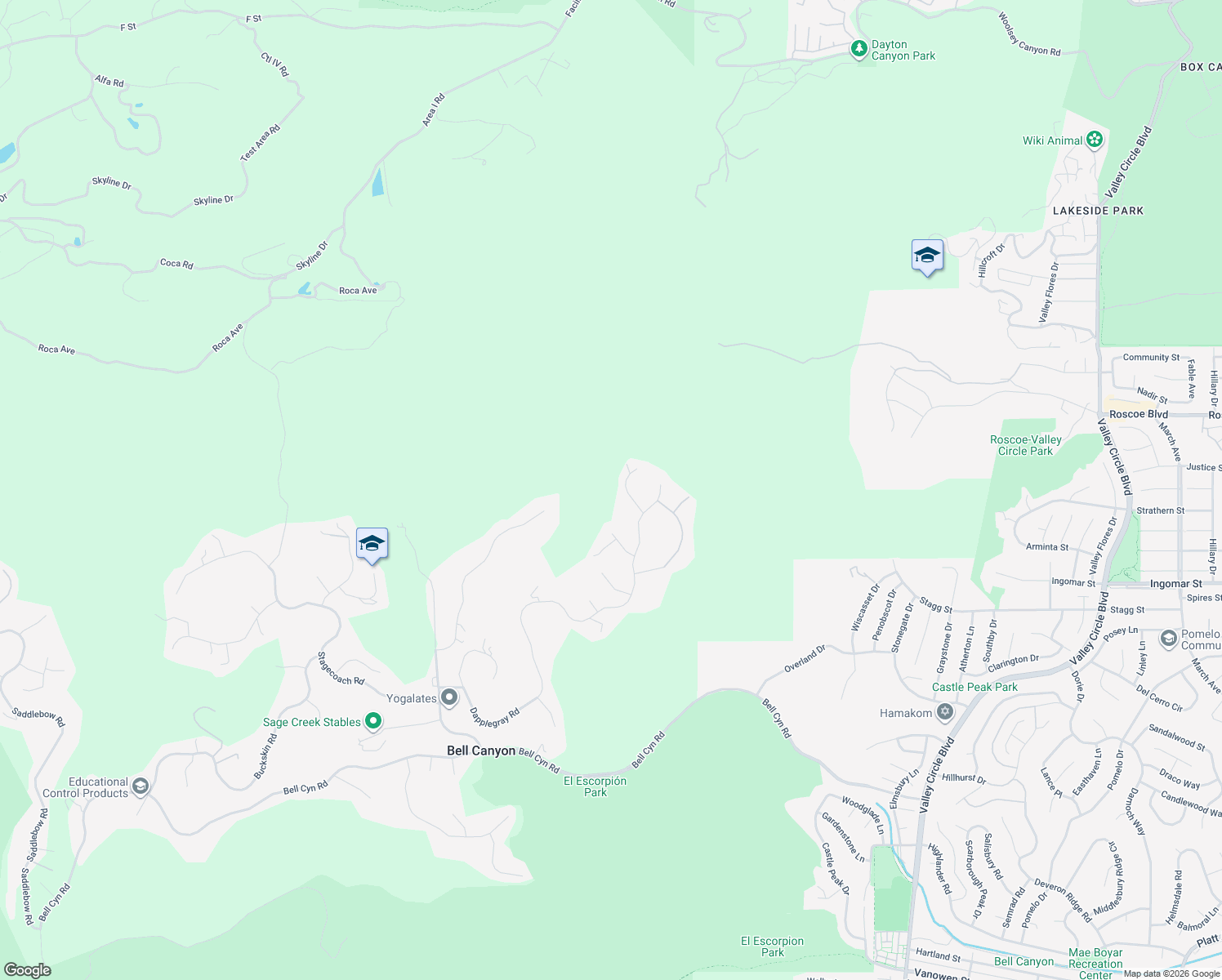 map of restaurants, bars, coffee shops, grocery stores, and more near 15 Wrangler Lane in Bell Canyon