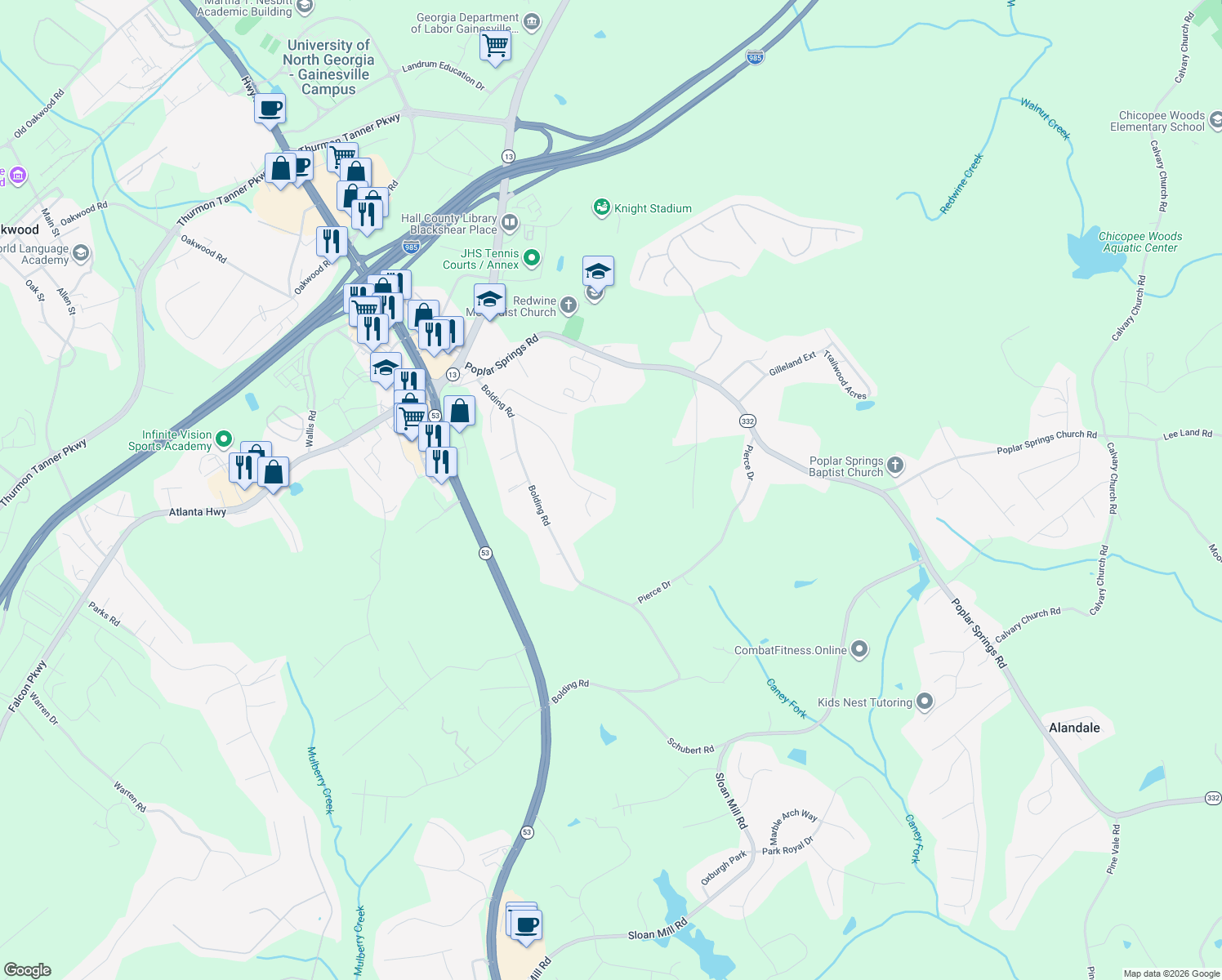 map of restaurants, bars, coffee shops, grocery stores, and more near 3693 E Bolding Rd in Flowery Branch