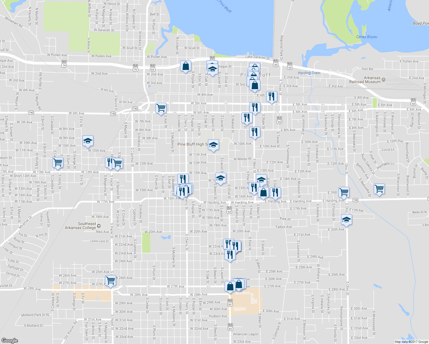 map of restaurants, bars, coffee shops, grocery stores, and more near 709 West 13th Avenue in Pine Bluff