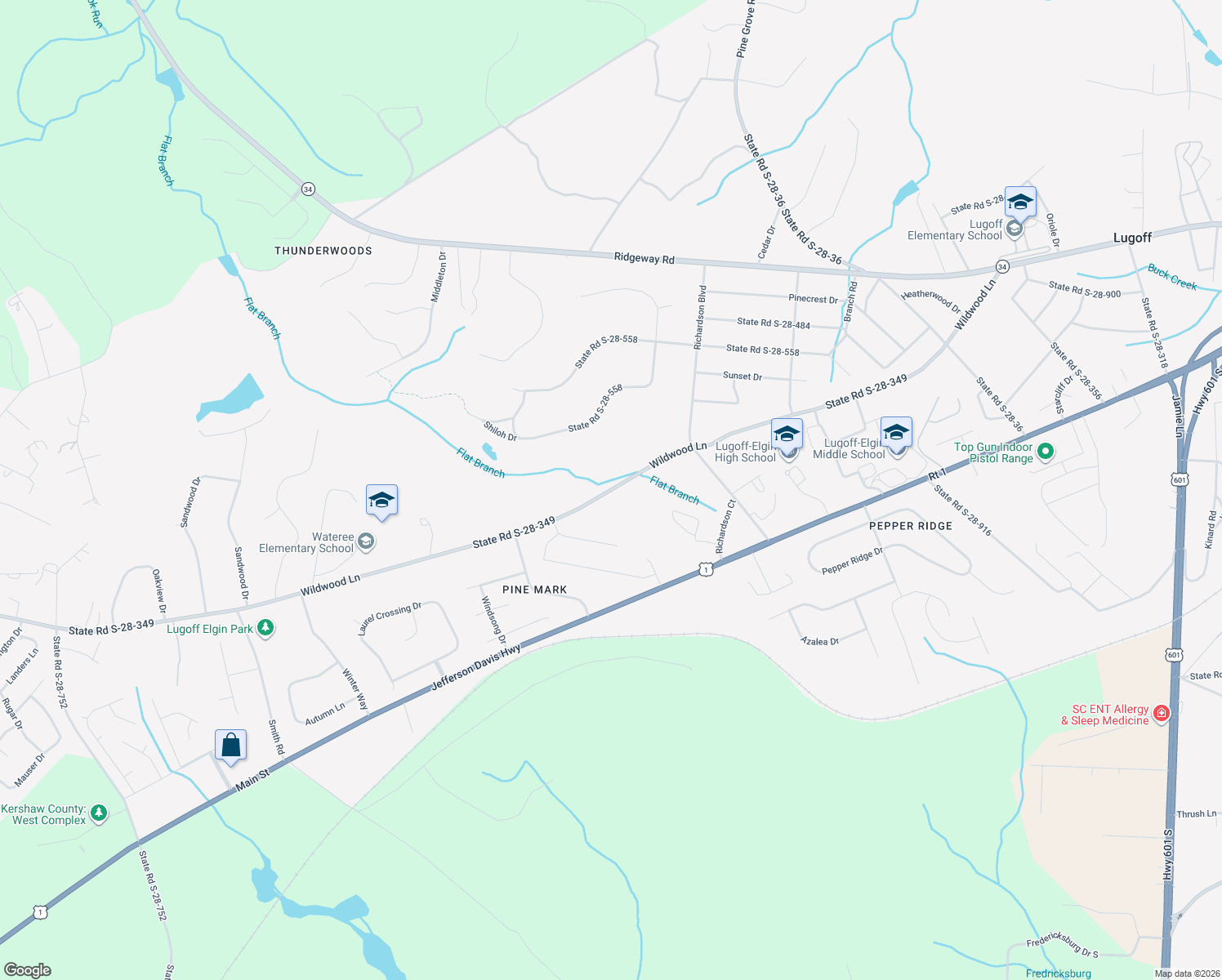 map of restaurants, bars, coffee shops, grocery stores, and more near 281 Wildwood Lane in Lugoff