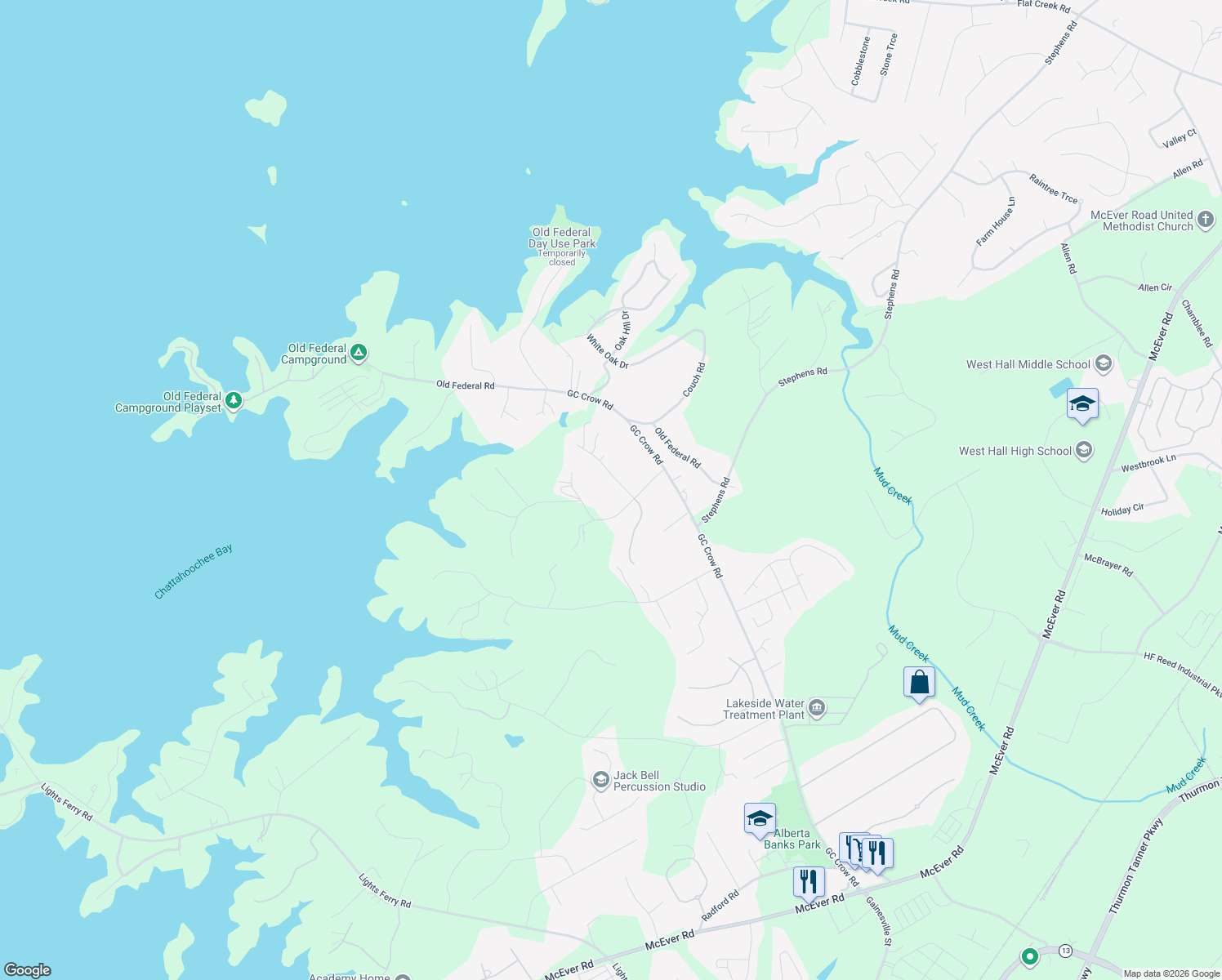 map of restaurants, bars, coffee shops, grocery stores, and more near 5955 River Oaks Drive in Flowery Branch