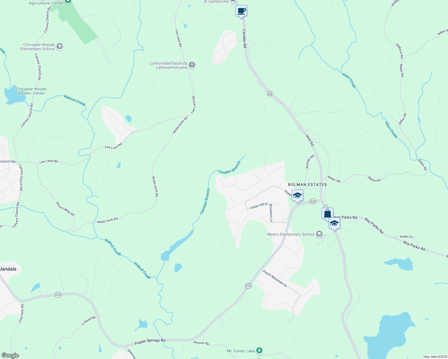 map of restaurants, bars, coffee shops, grocery stores, and more near 2788 Tumblewood Trail in Gainesville