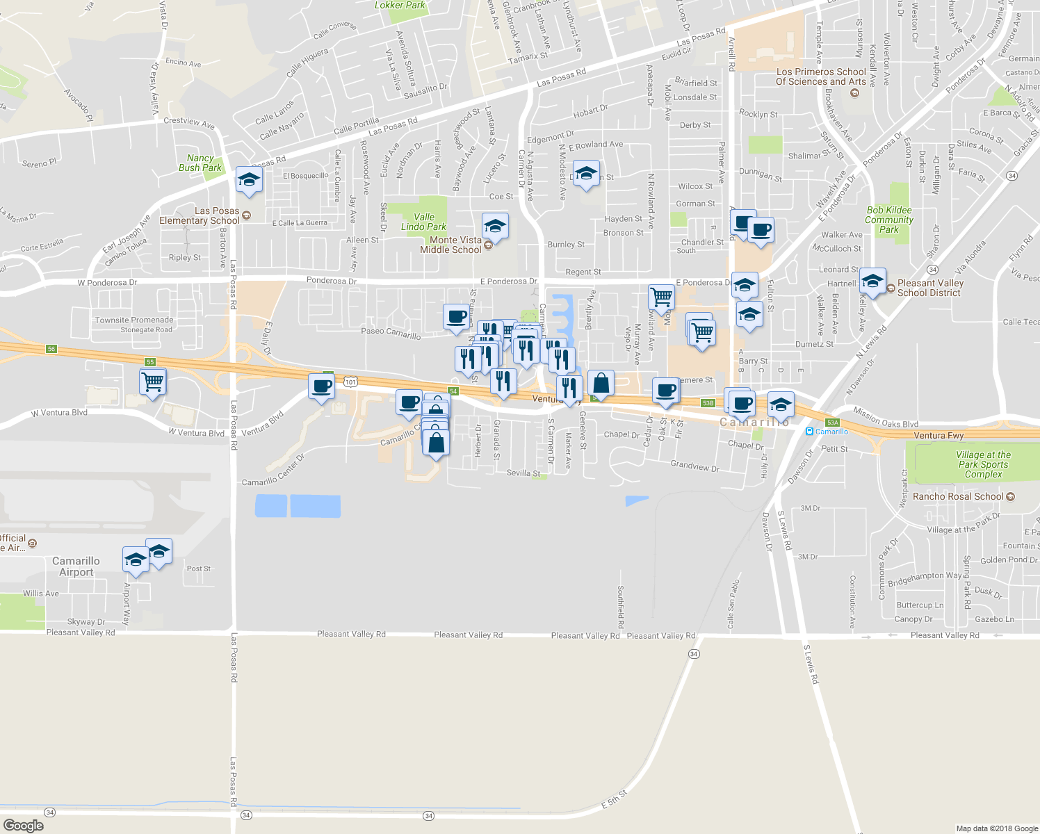 map of restaurants, bars, coffee shops, grocery stores, and more near 1421 West Chapel Drive in Camarillo