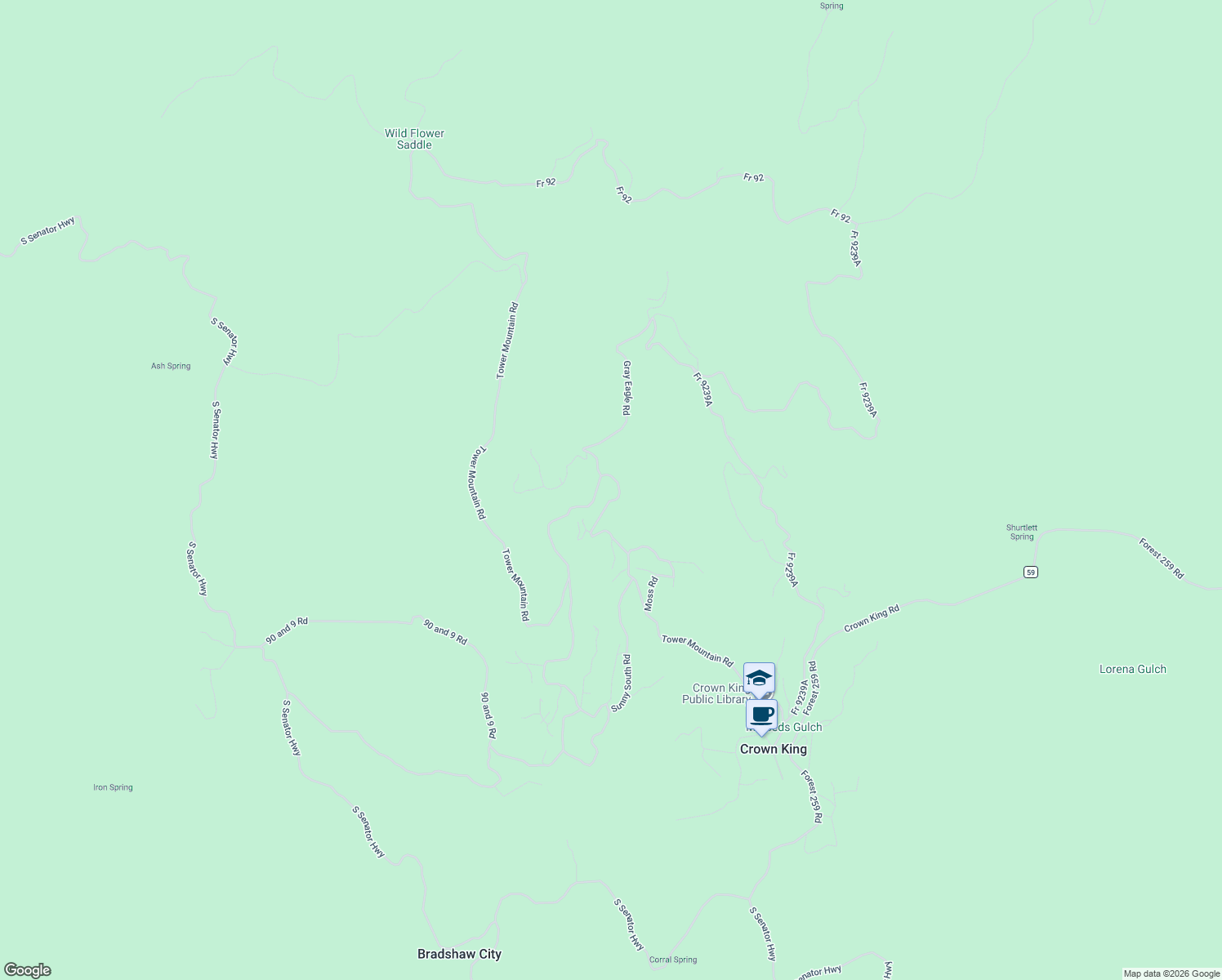 map of restaurants, bars, coffee shops, grocery stores, and more near 23106 Tower Mountain Road in Crown King