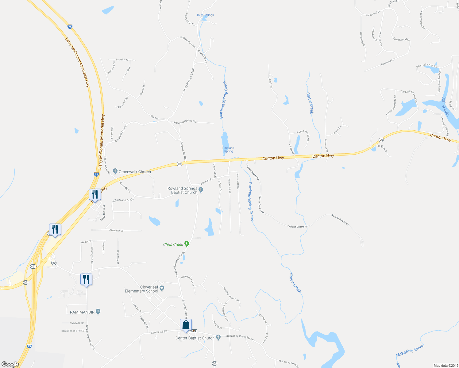 map of restaurants, bars, coffee shops, grocery stores, and more near 25 Ranger Road Southeast in Cartersville