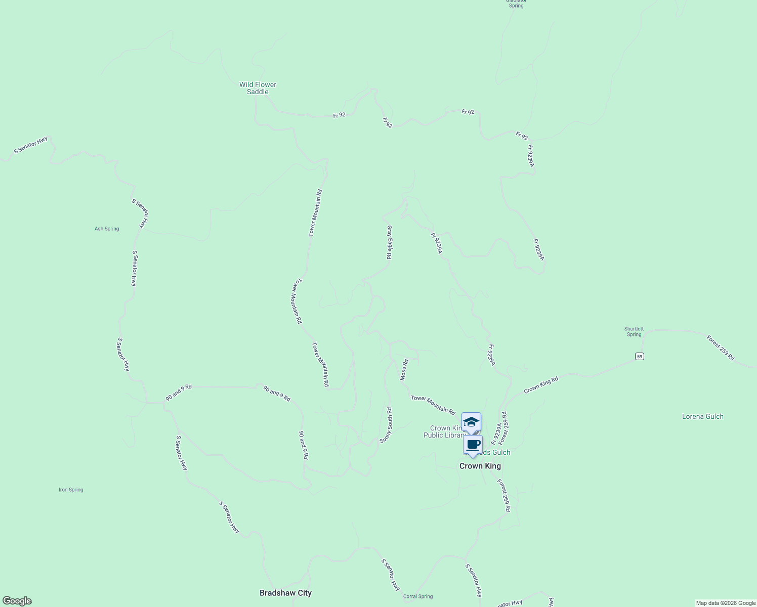 map of restaurants, bars, coffee shops, grocery stores, and more near 23106 Tower Mountain Road in Crown King