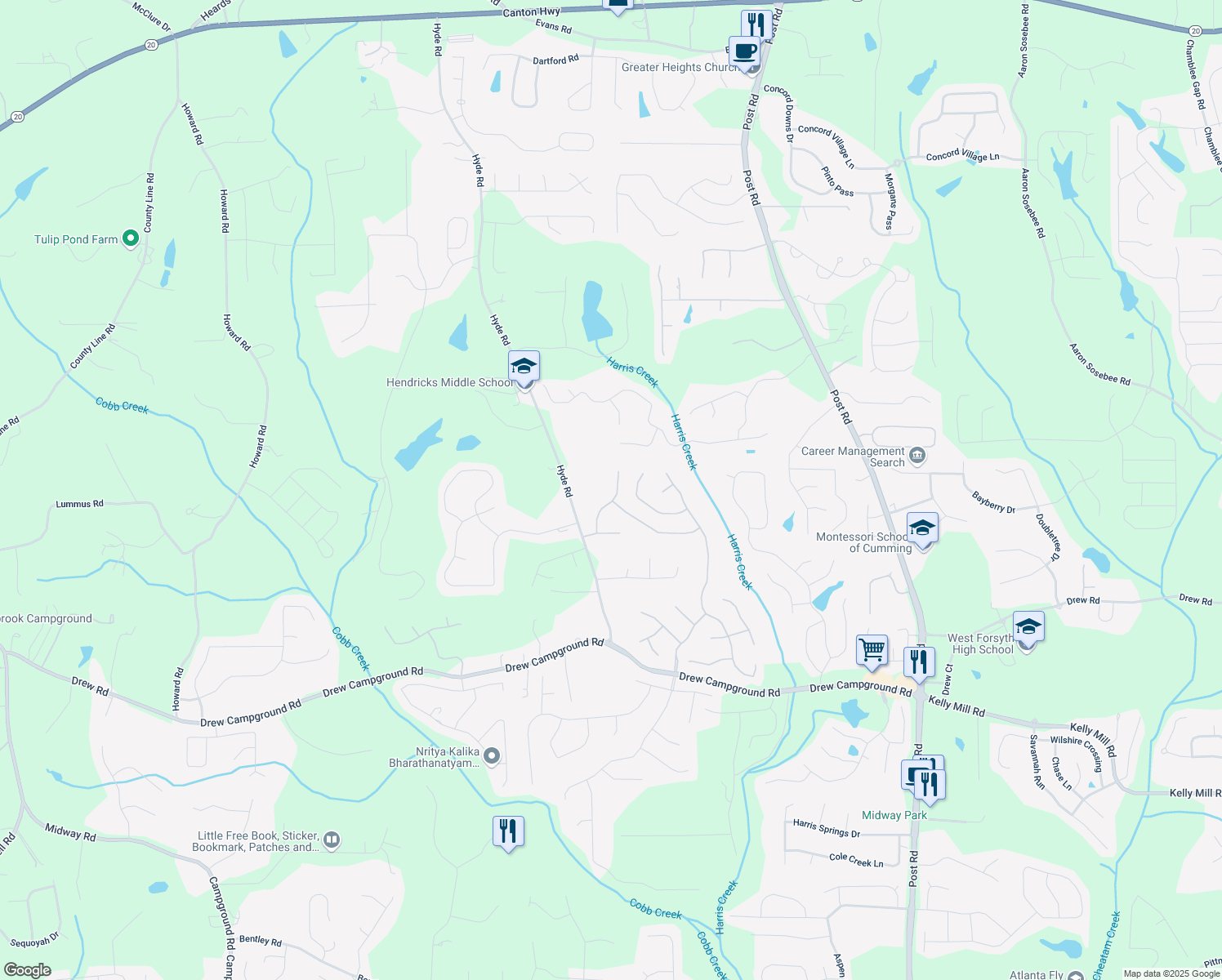 map of restaurants, bars, coffee shops, grocery stores, and more near 4535 Vanadium Bend in Cumming