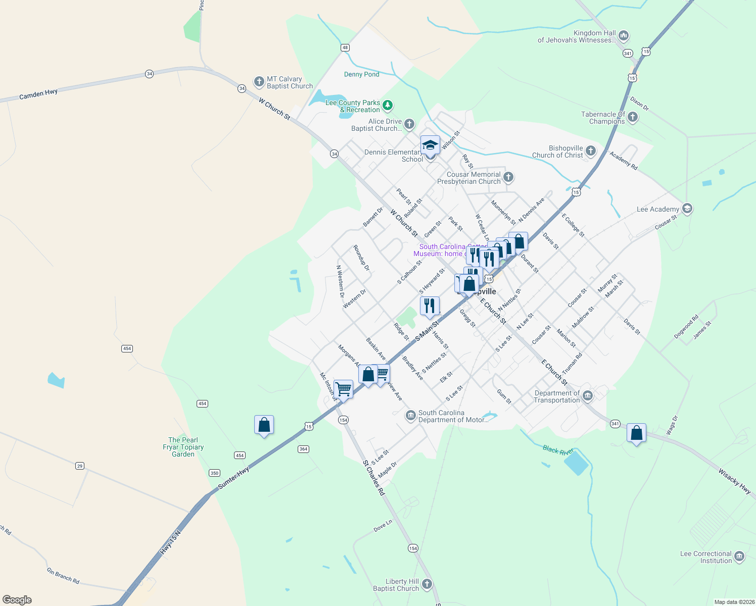 map of restaurants, bars, coffee shops, grocery stores, and more near 299 Ridge St in Bishopville