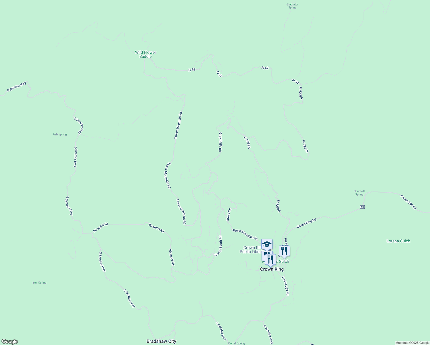 map of restaurants, bars, coffee shops, grocery stores, and more near 22859 South Eagle Mine Road in Crown King