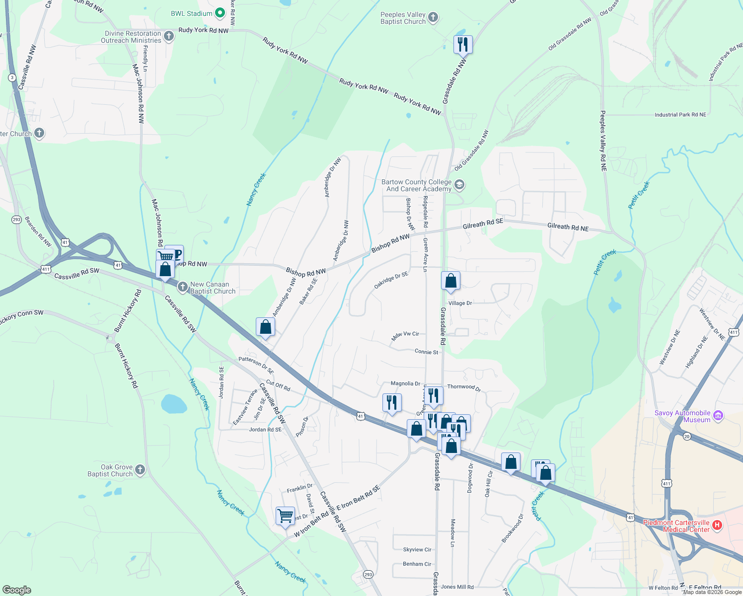 map of restaurants, bars, coffee shops, grocery stores, and more near 219 Oakridge Drive Southeast in Cartersville