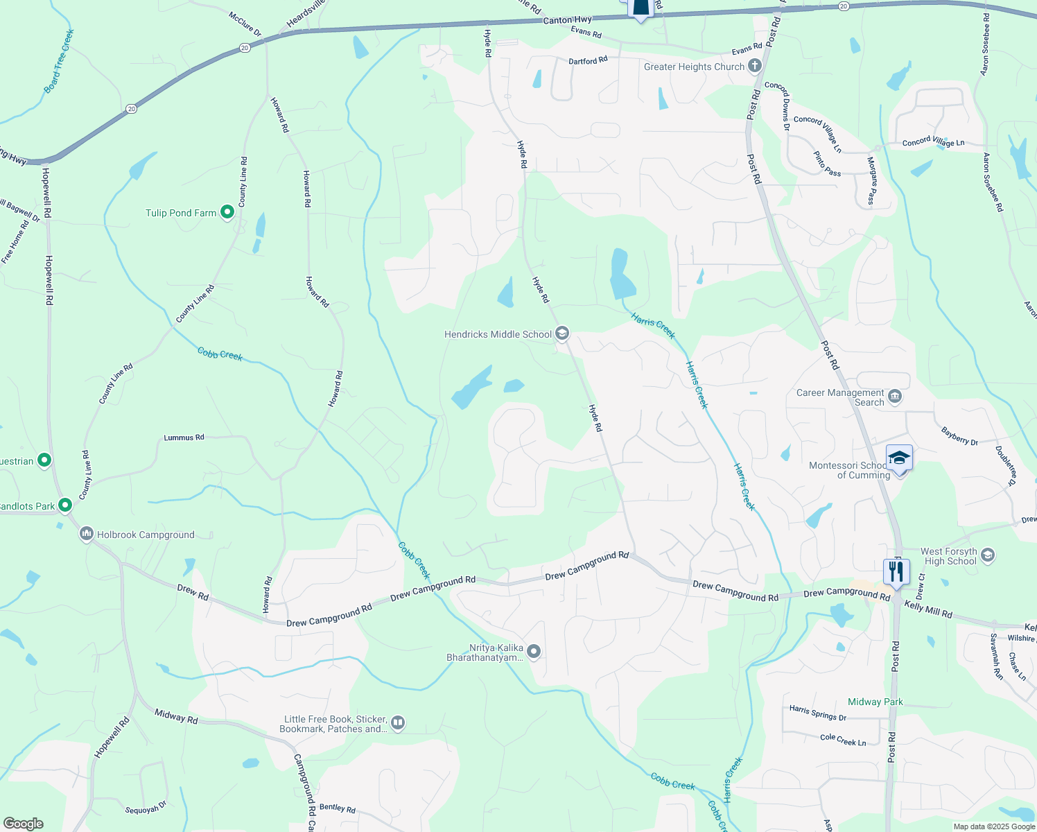 map of restaurants, bars, coffee shops, grocery stores, and more near 5525 Tallantworth Trail in Cumming