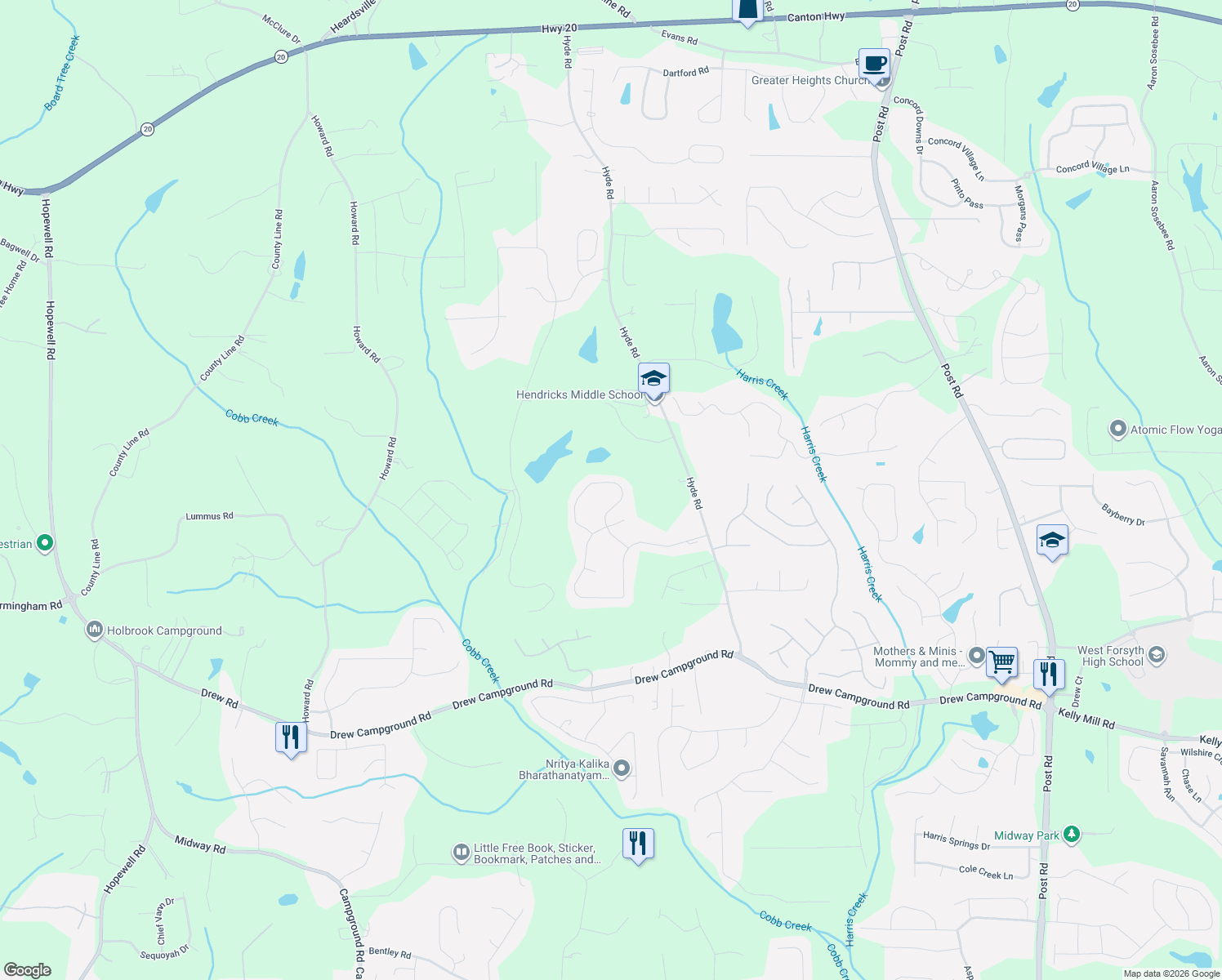 map of restaurants, bars, coffee shops, grocery stores, and more near 5515 Tallantworth Trail in Cumming