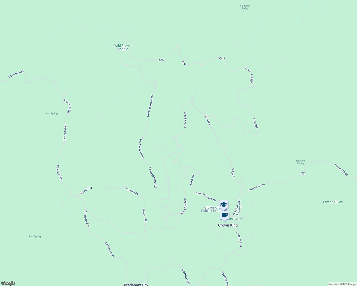 map of restaurants, bars, coffee shops, grocery stores, and more near 22859 South Eagle Mine Road in Crown King