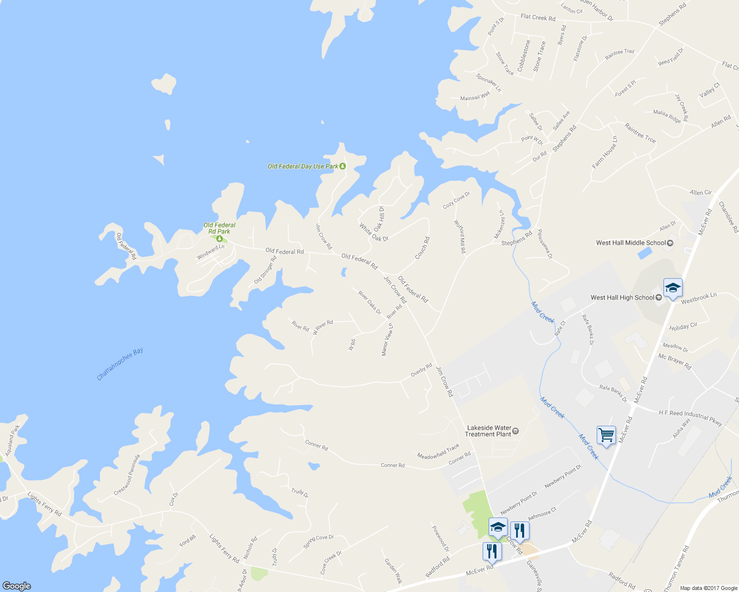 map of restaurants, bars, coffee shops, grocery stores, and more near 5986 River Oaks Drive in Flowery Branch