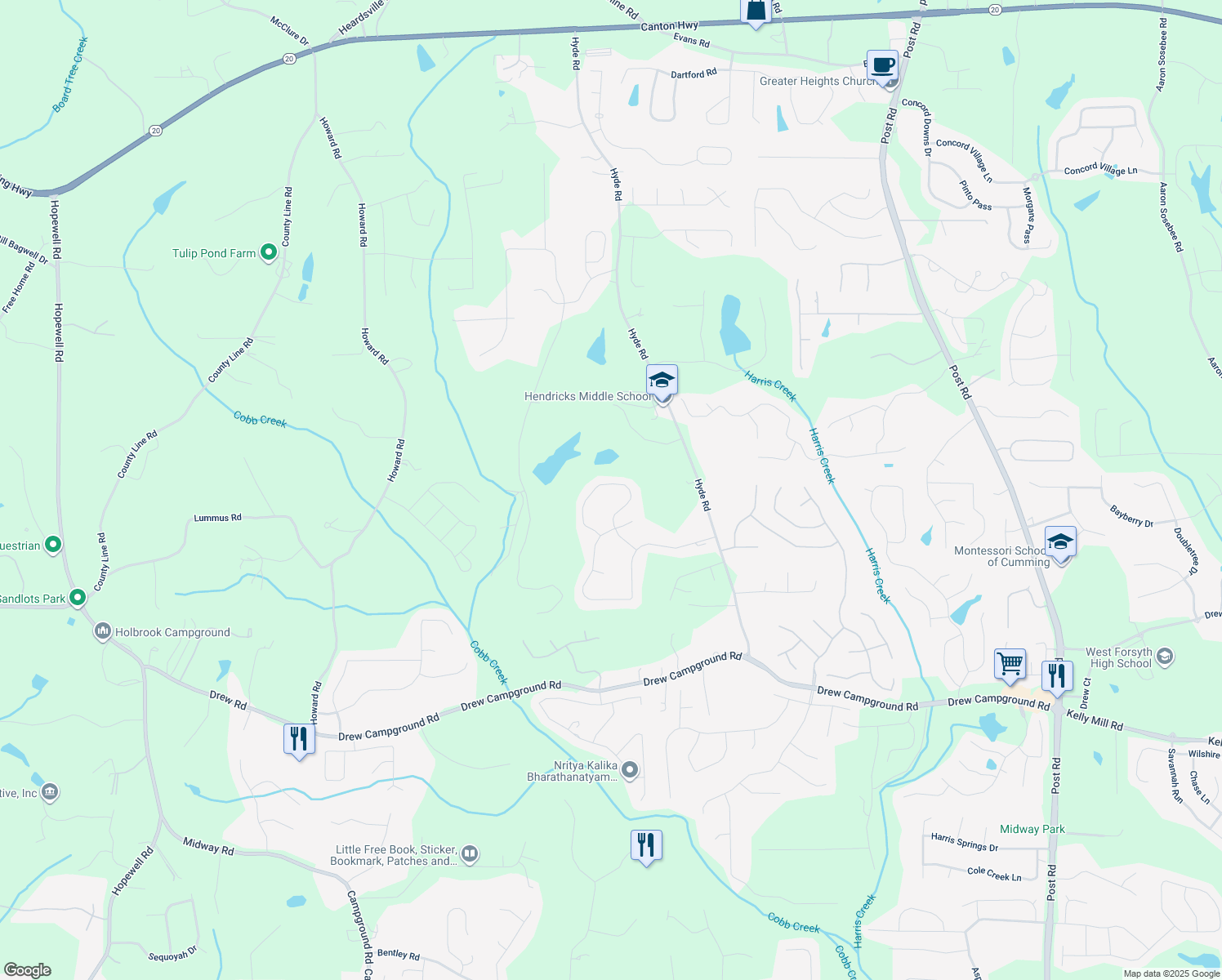 map of restaurants, bars, coffee shops, grocery stores, and more near 5525 Tallantworth Trail in Cumming
