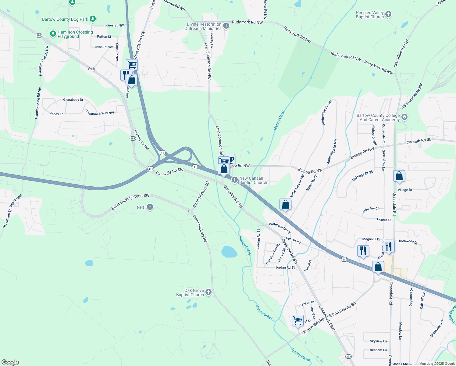 map of restaurants, bars, coffee shops, grocery stores, and more near 1022 Cassville Road Southeast in Cartersville